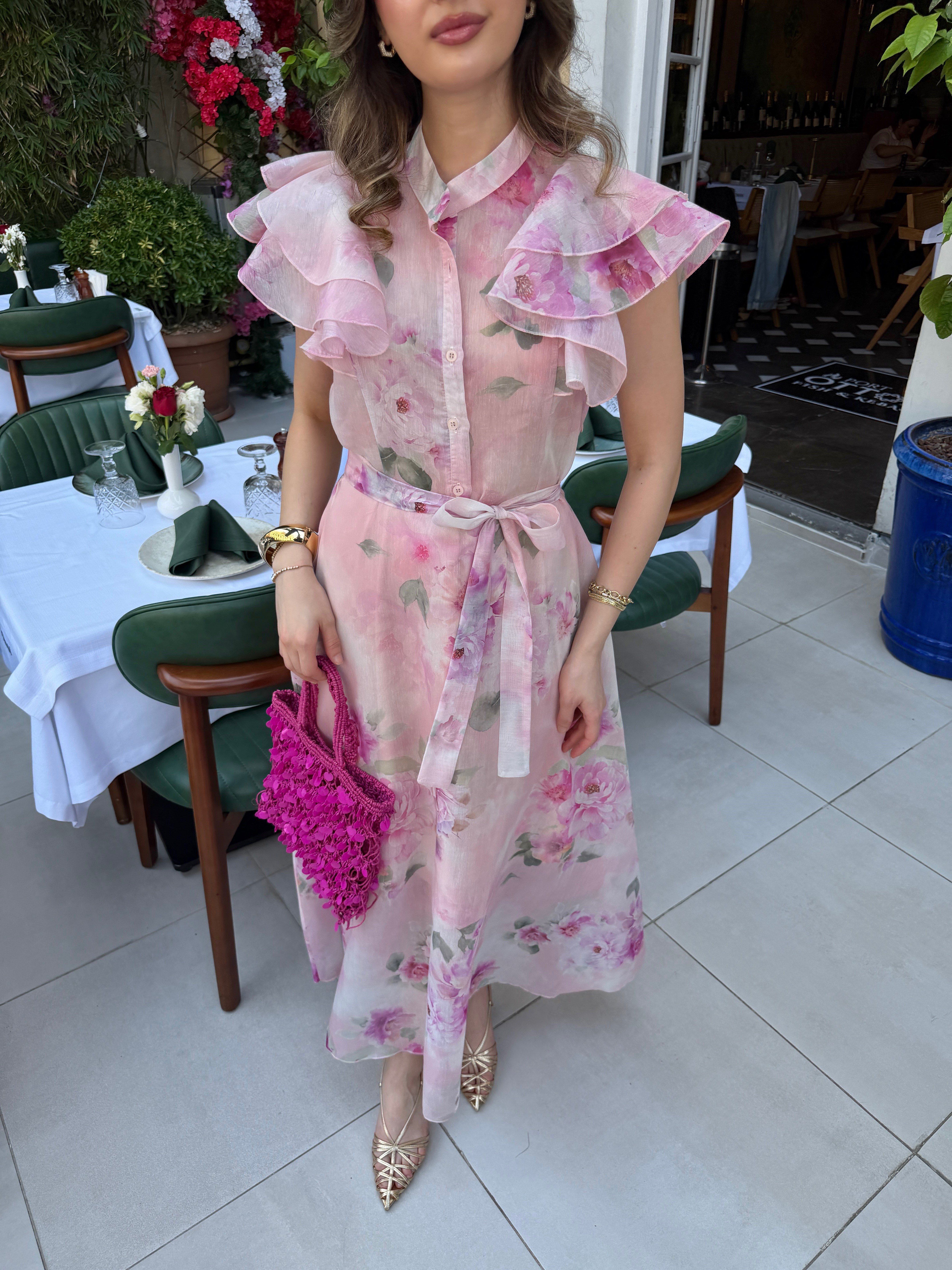 Desenli Fırfırlı Elbise Pembe 
