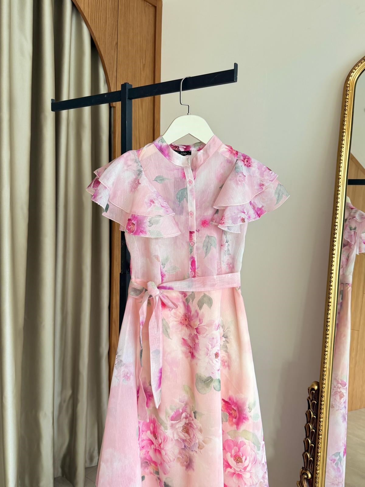 Desenli Fırfırlı Elbise Pembe 