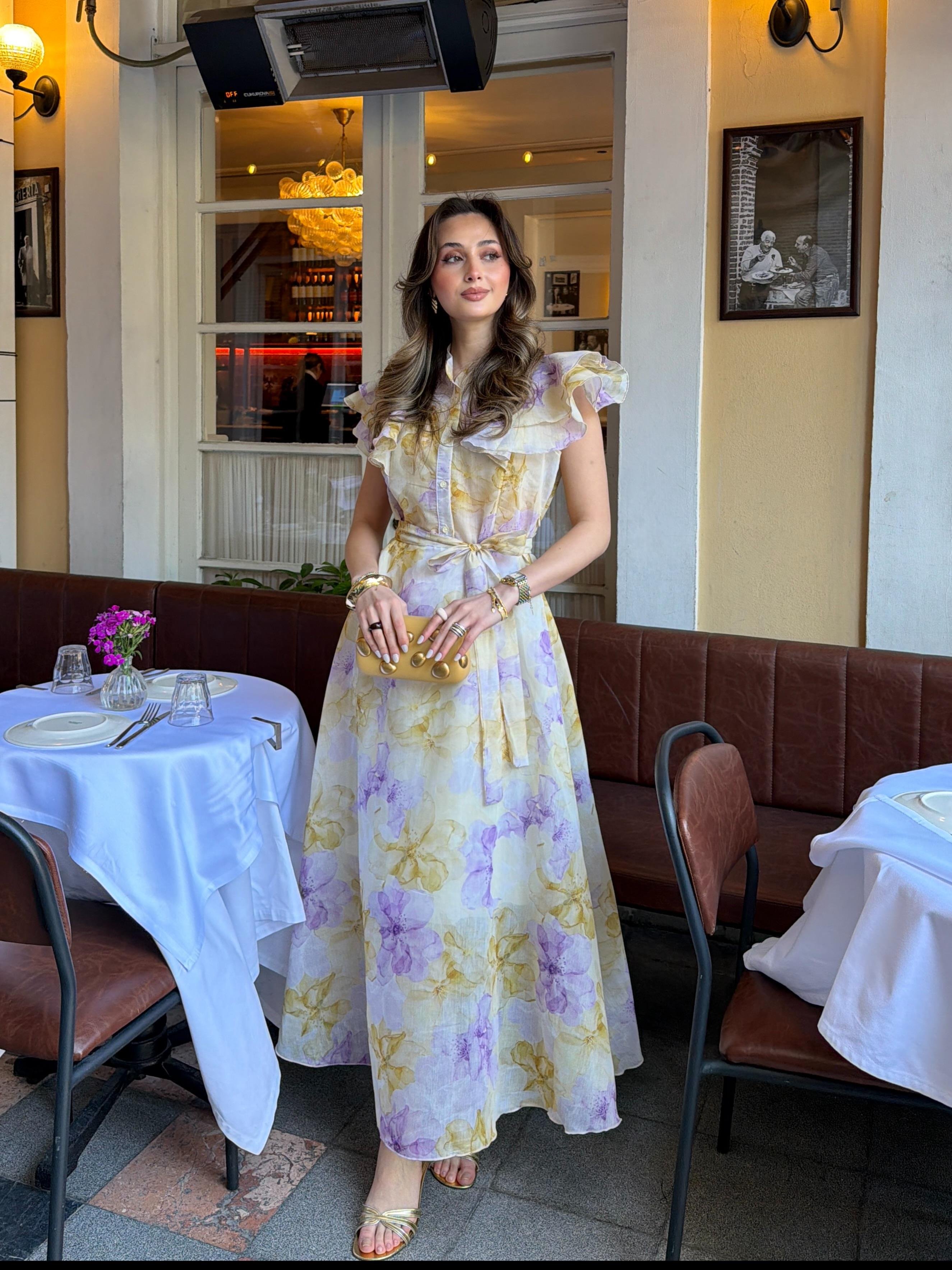 Desenli Fırfırlı Elbise Sarı