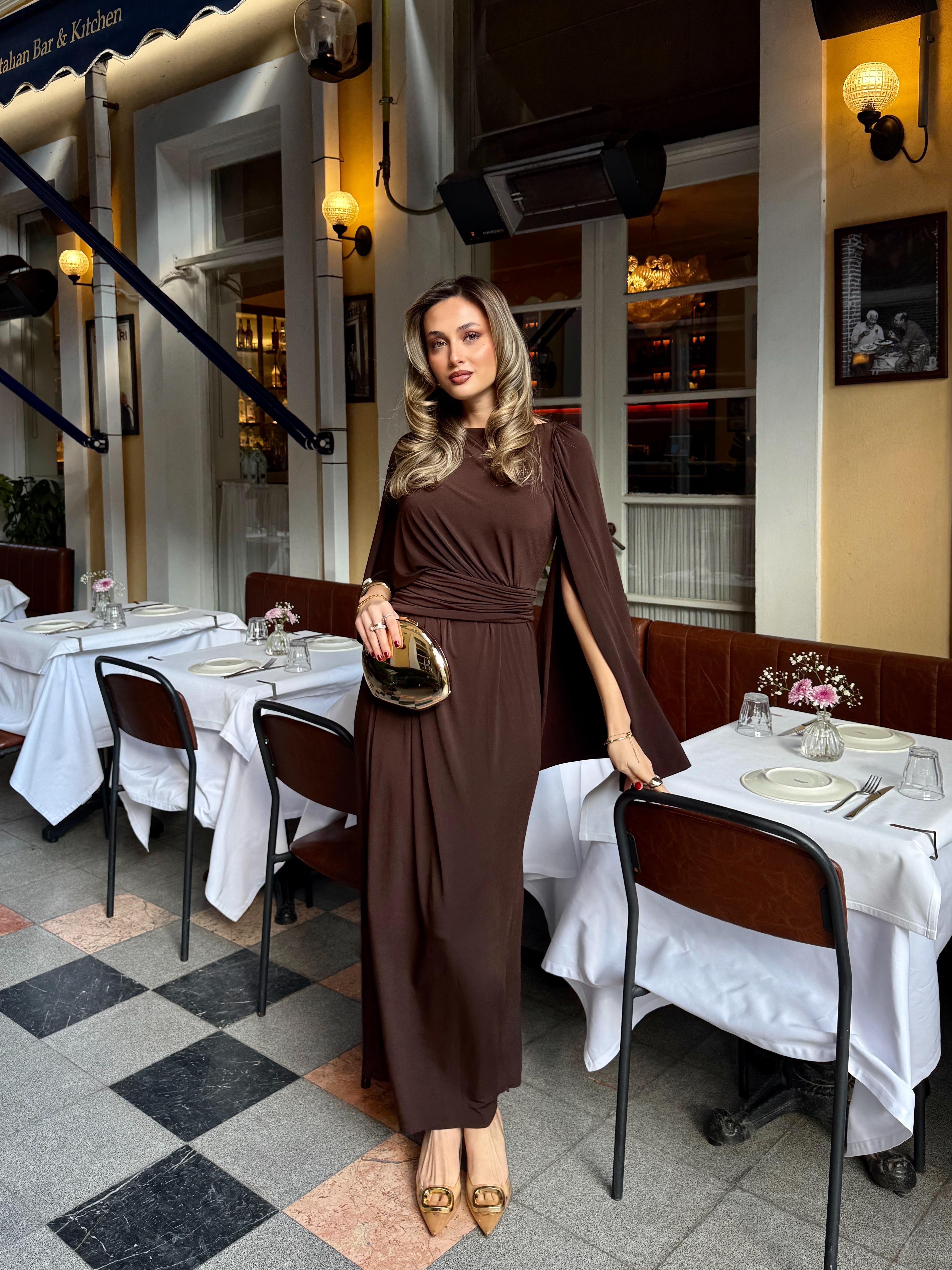 Drape Detaylı Sandy Elbise Kahverengi