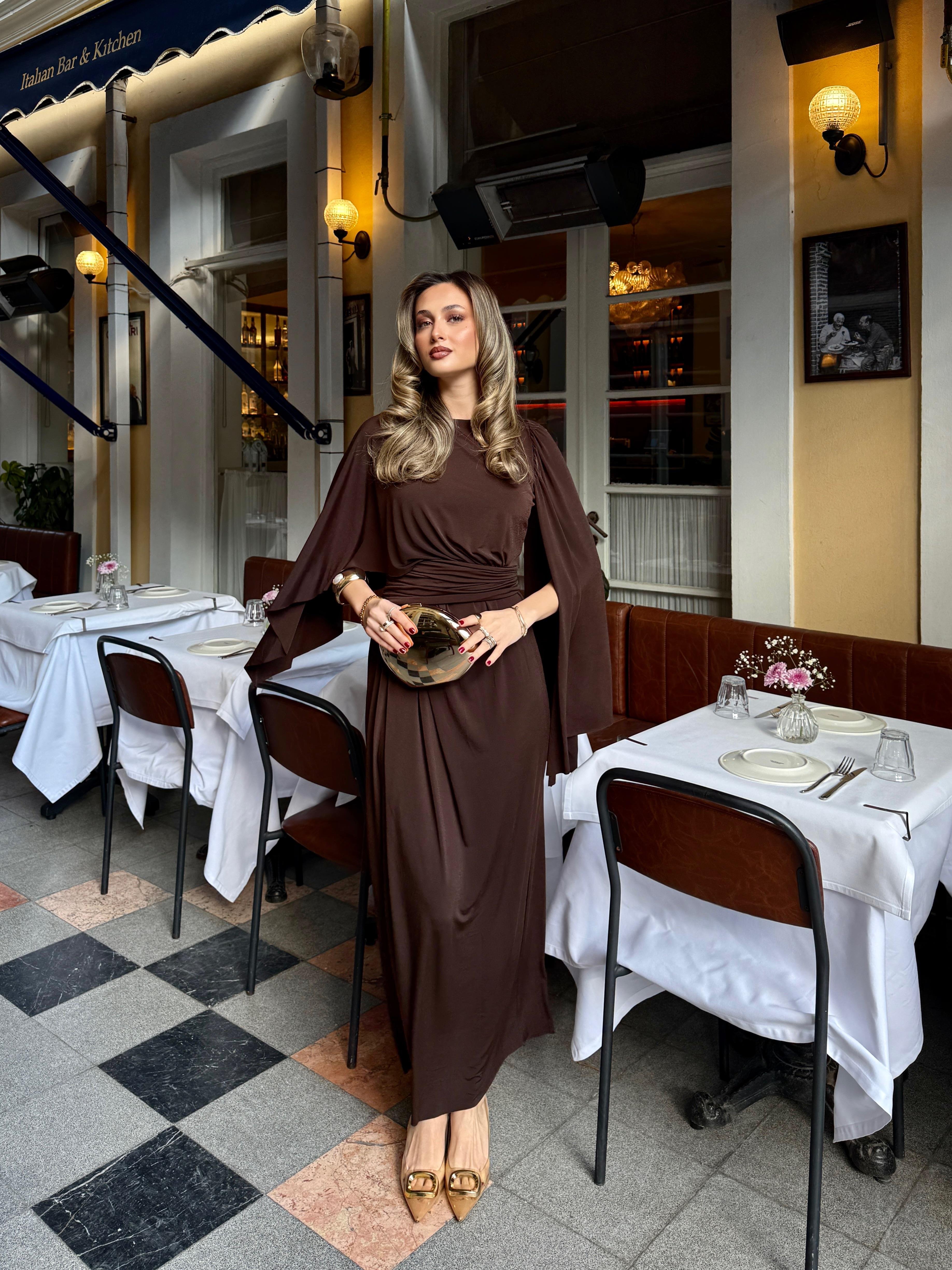Drape Detaylı Sandy Elbise Kahverengi
