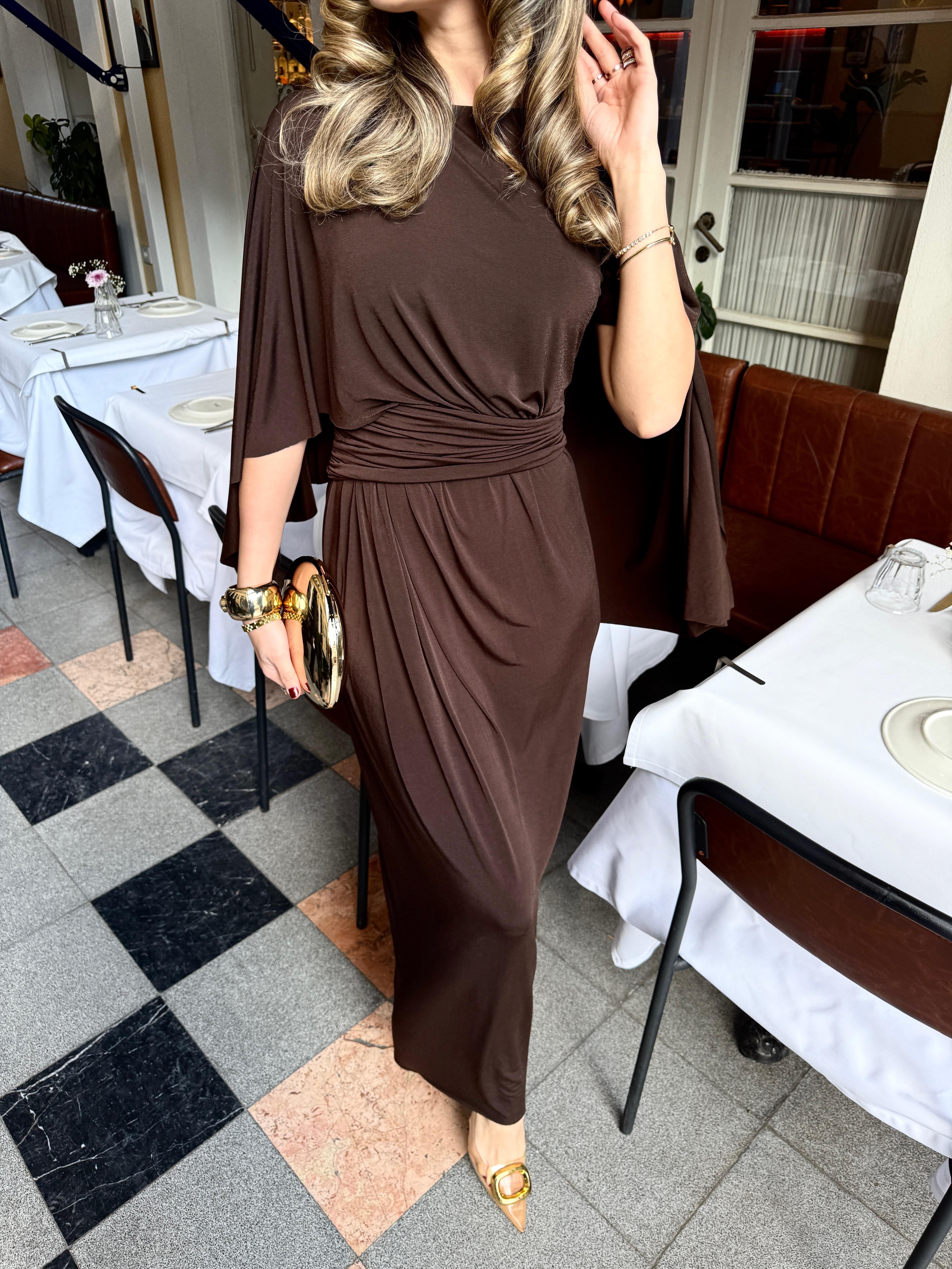 Drape Detaylı Sandy Elbise Kahverengi