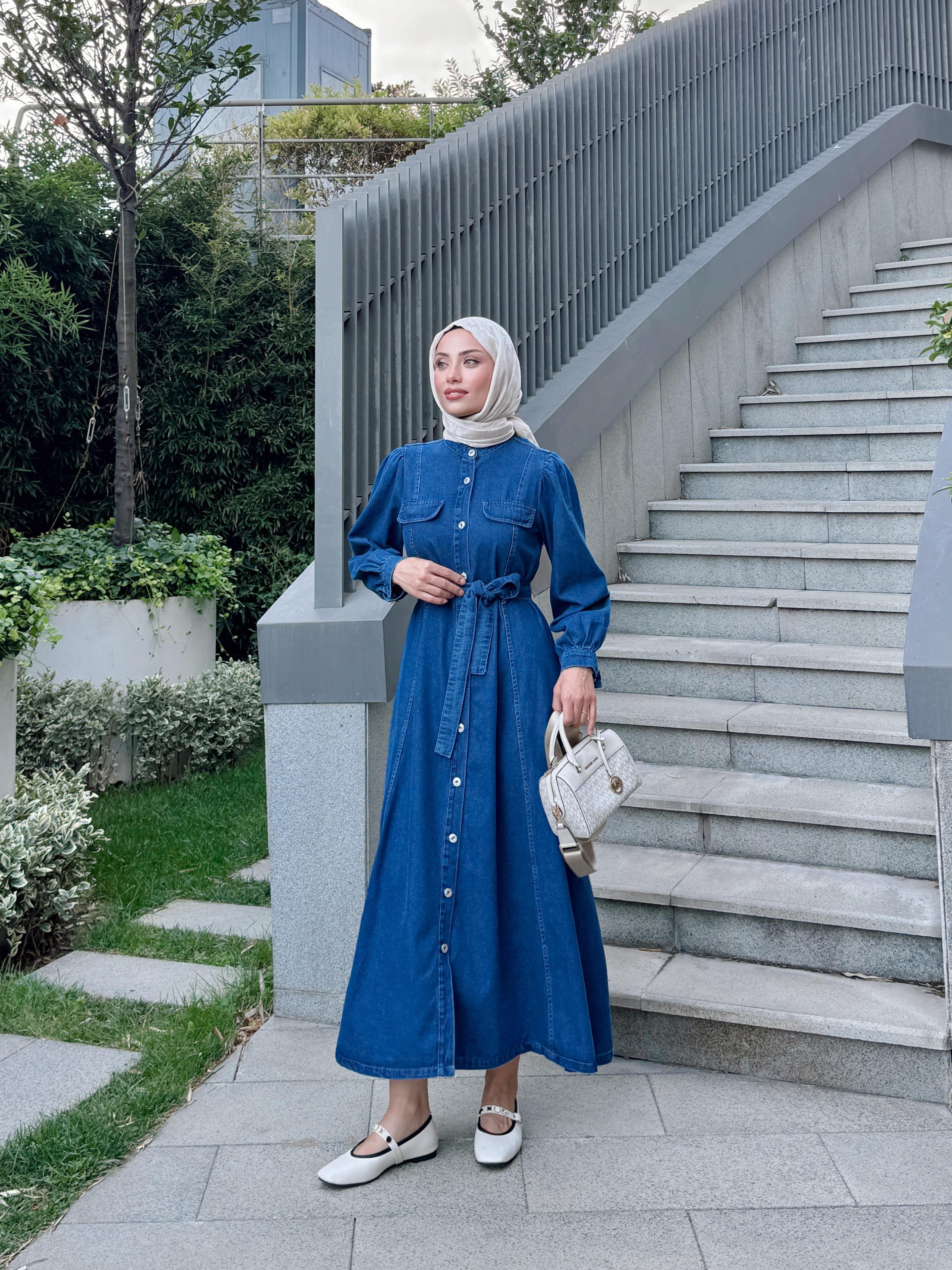 Düğmeli Denim Elbise 