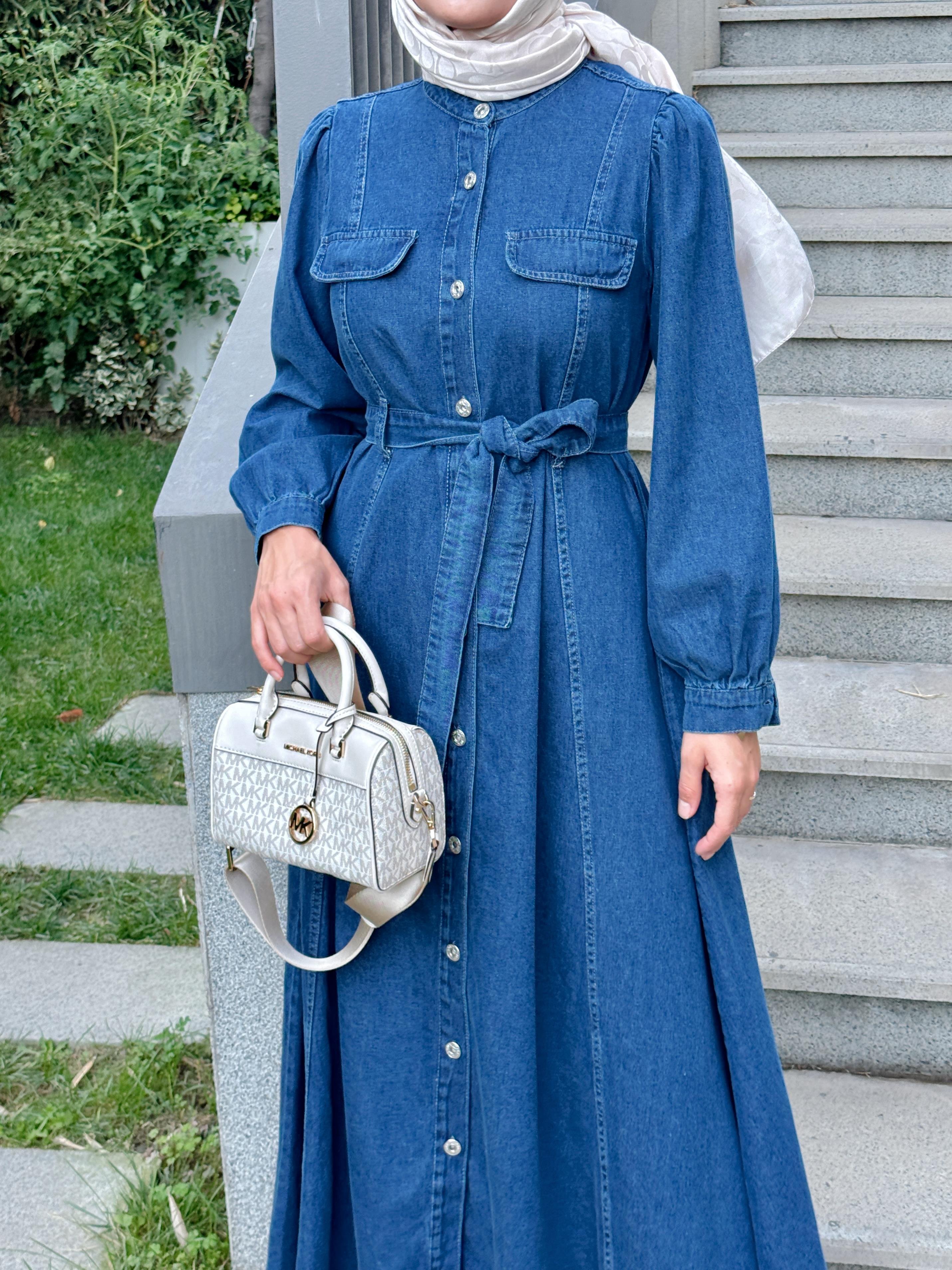 Düğmeli Denim Elbise 