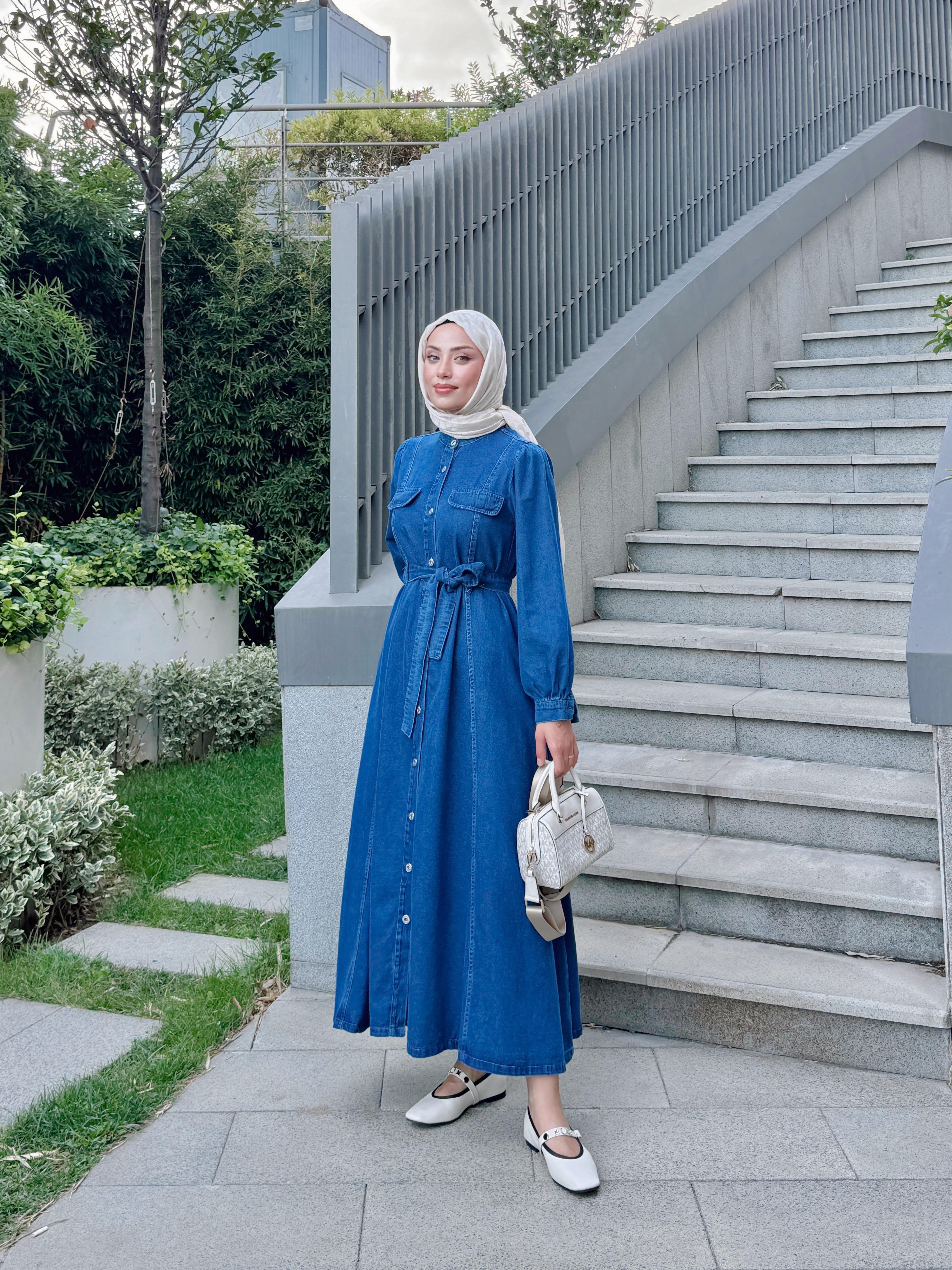 Düğmeli Denim Elbise 