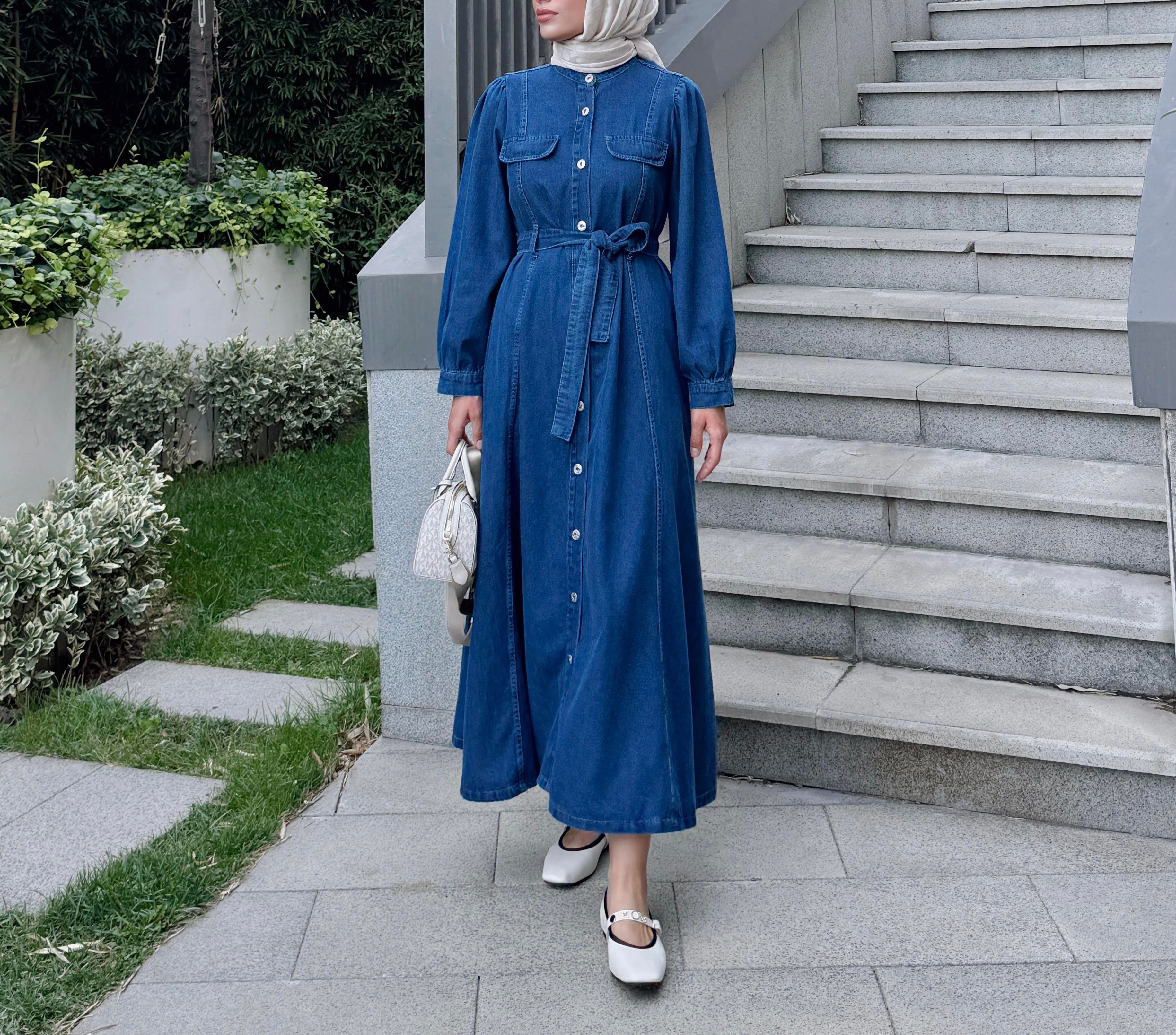 Düğmeli Denim Elbise 