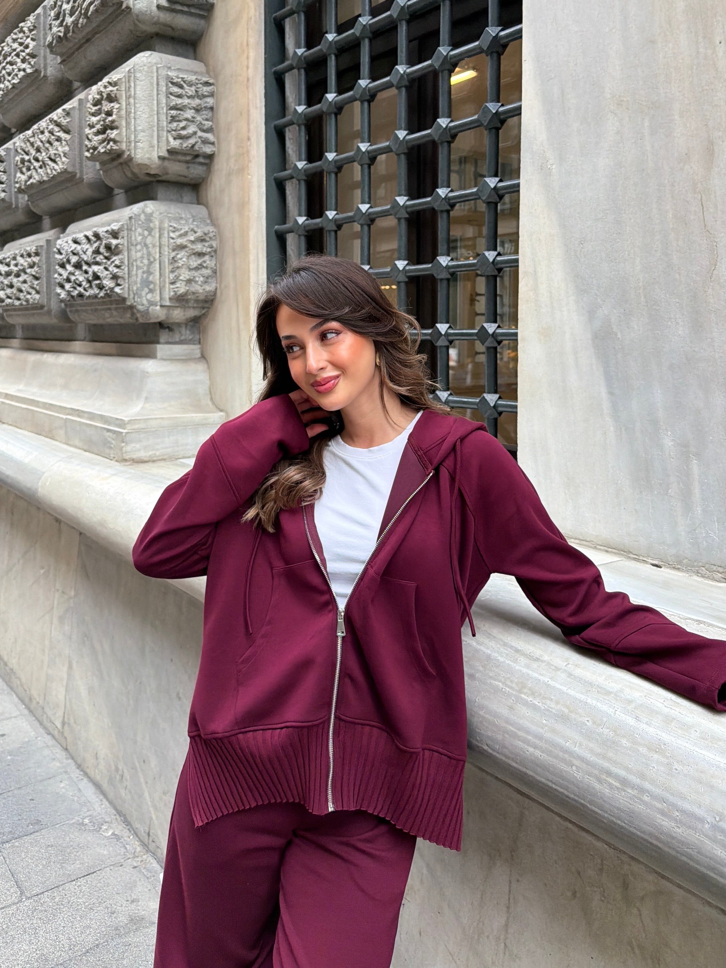Fermuarlı Sweatshirt Eşofman Takım Bordo