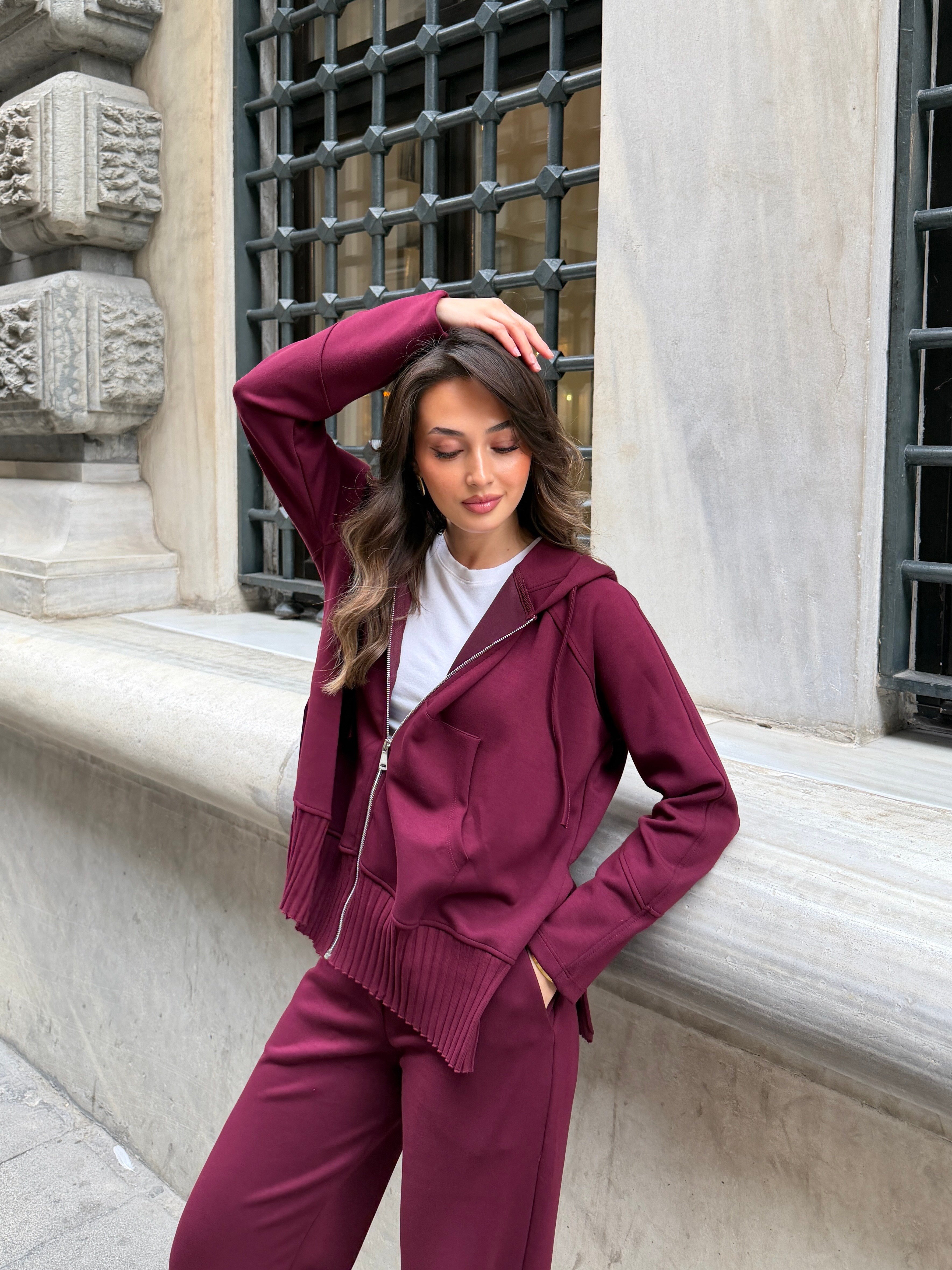 Fermuarlı Sweatshirt Eşofman Takım Bordo