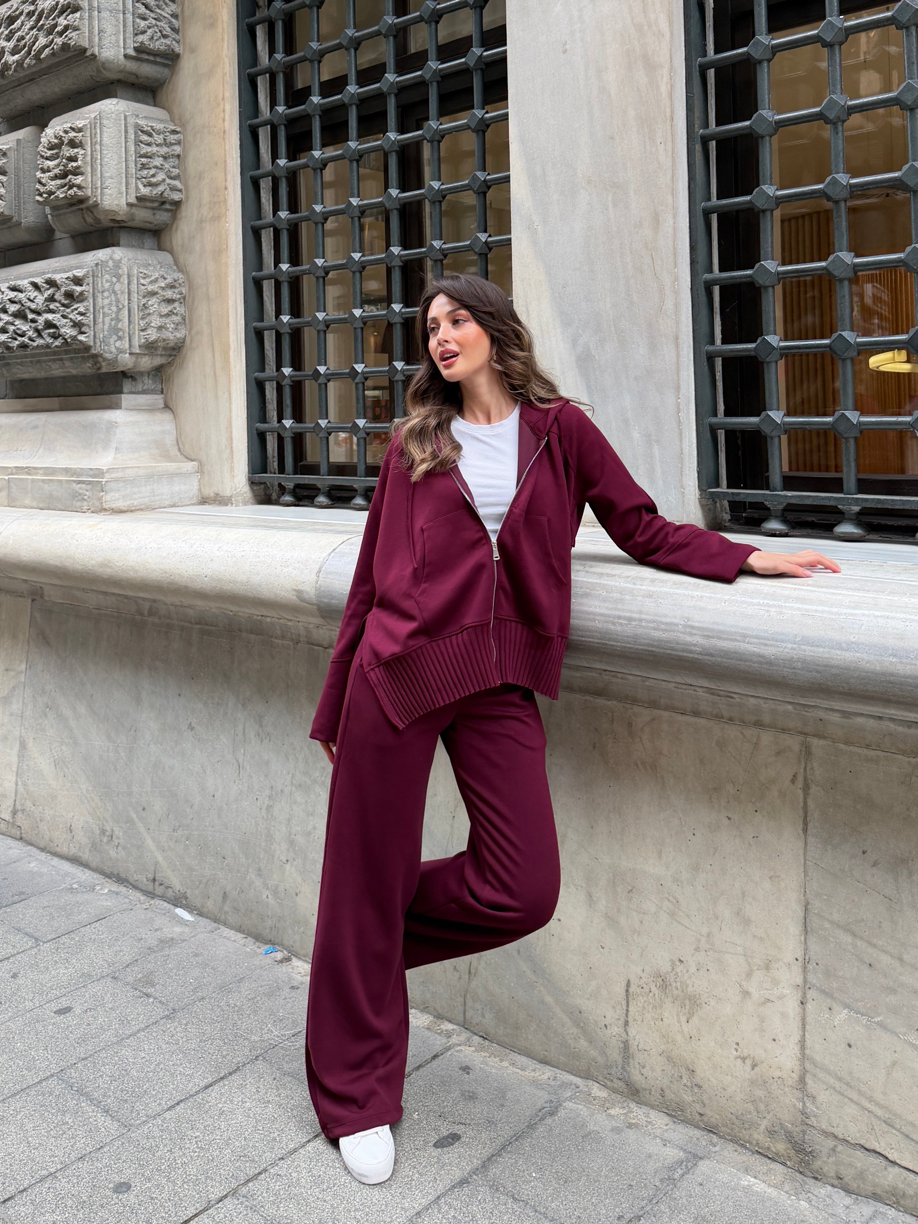 Fermuarlı Sweatshirt Eşofman Takım Bordo