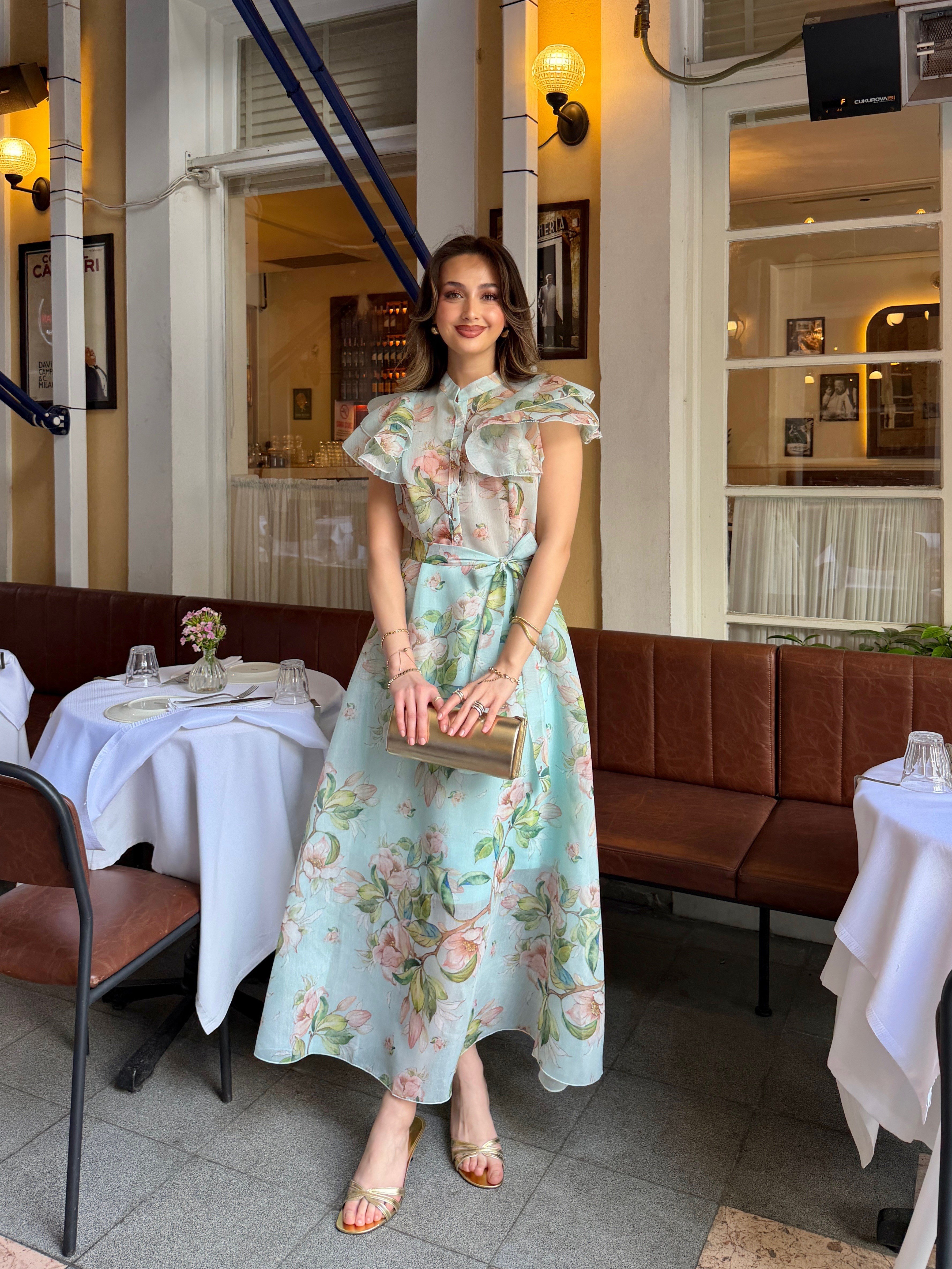 Fırfırlı Omuz Floral Desenli Elbise Mint