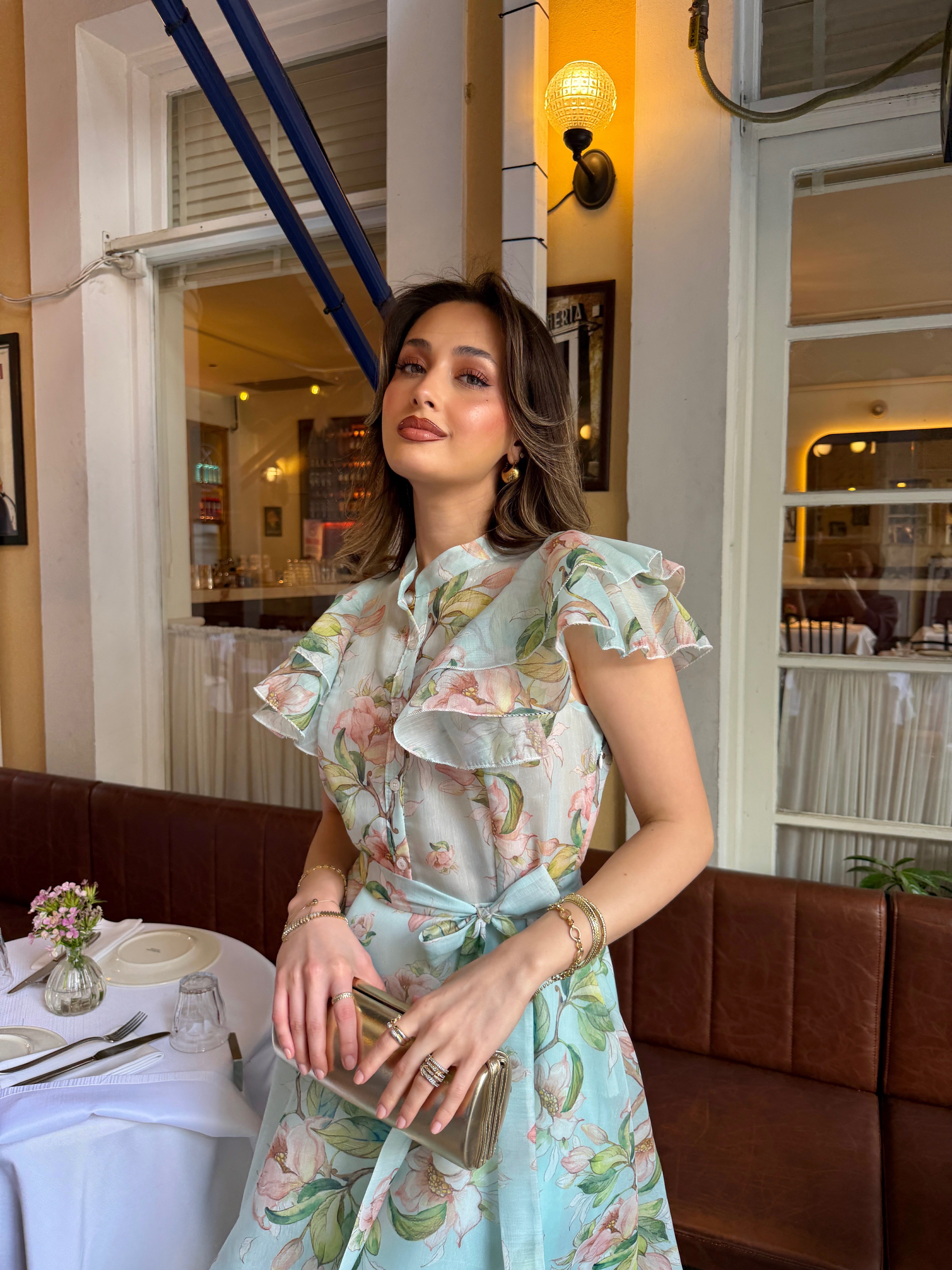 Fırfırlı Omuz Floral Desenli Elbise Mint