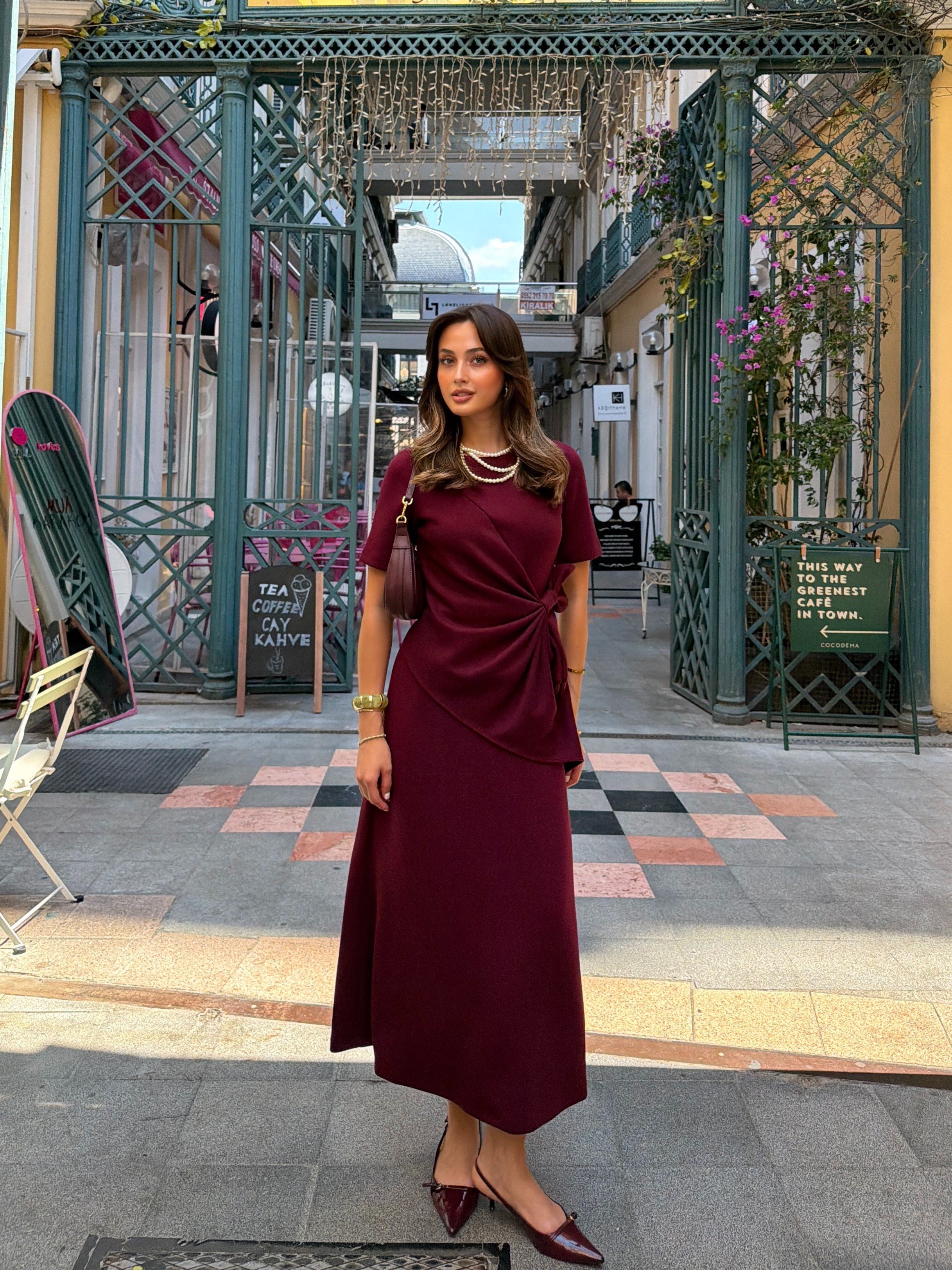 Fiyonklu Maxi Boy Modal Elbise Bordo
