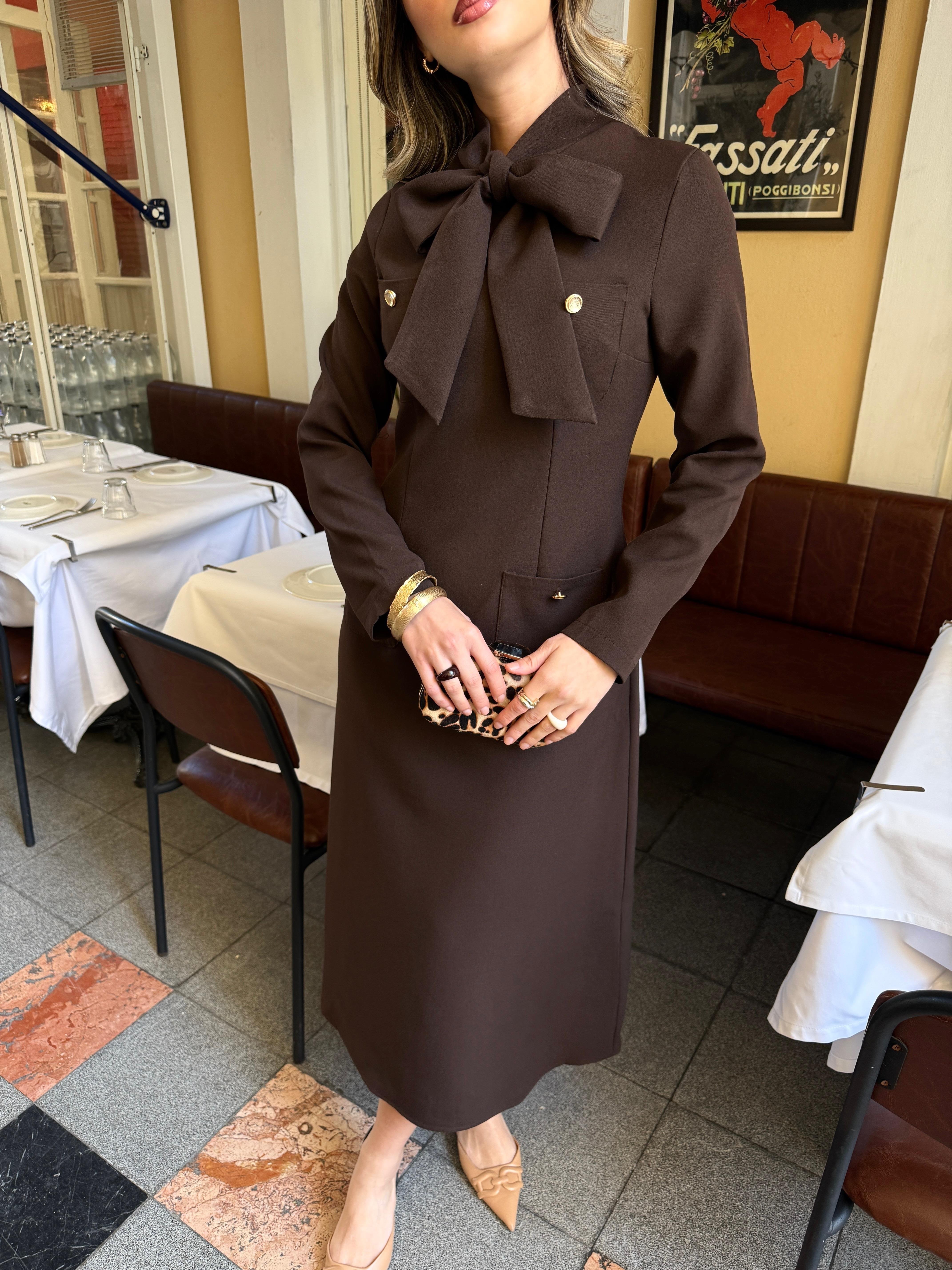 Fularlı Çift Cep Elbise Acı Kahve
