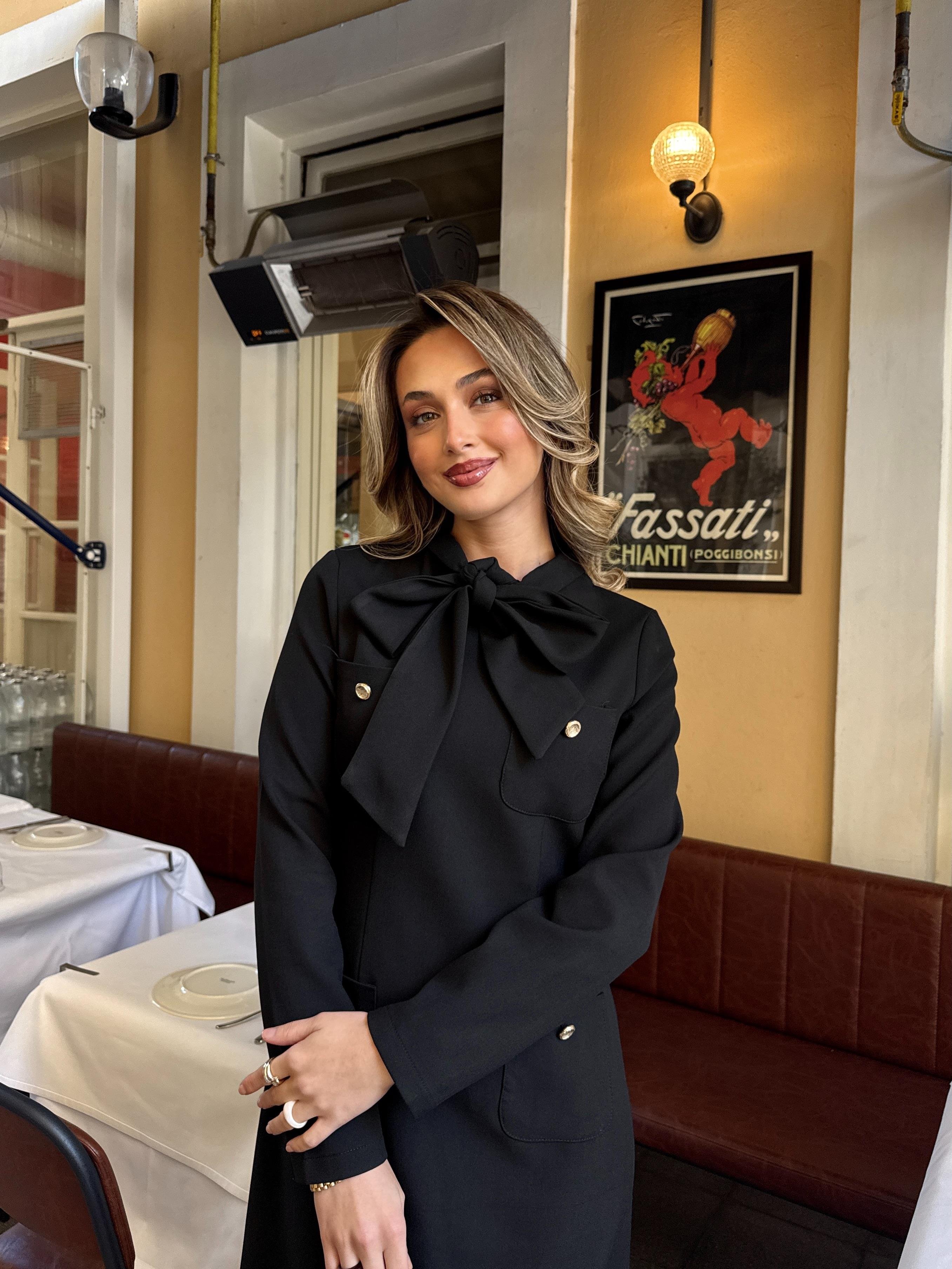 Fularlı Çift Cep Elbise Siyah