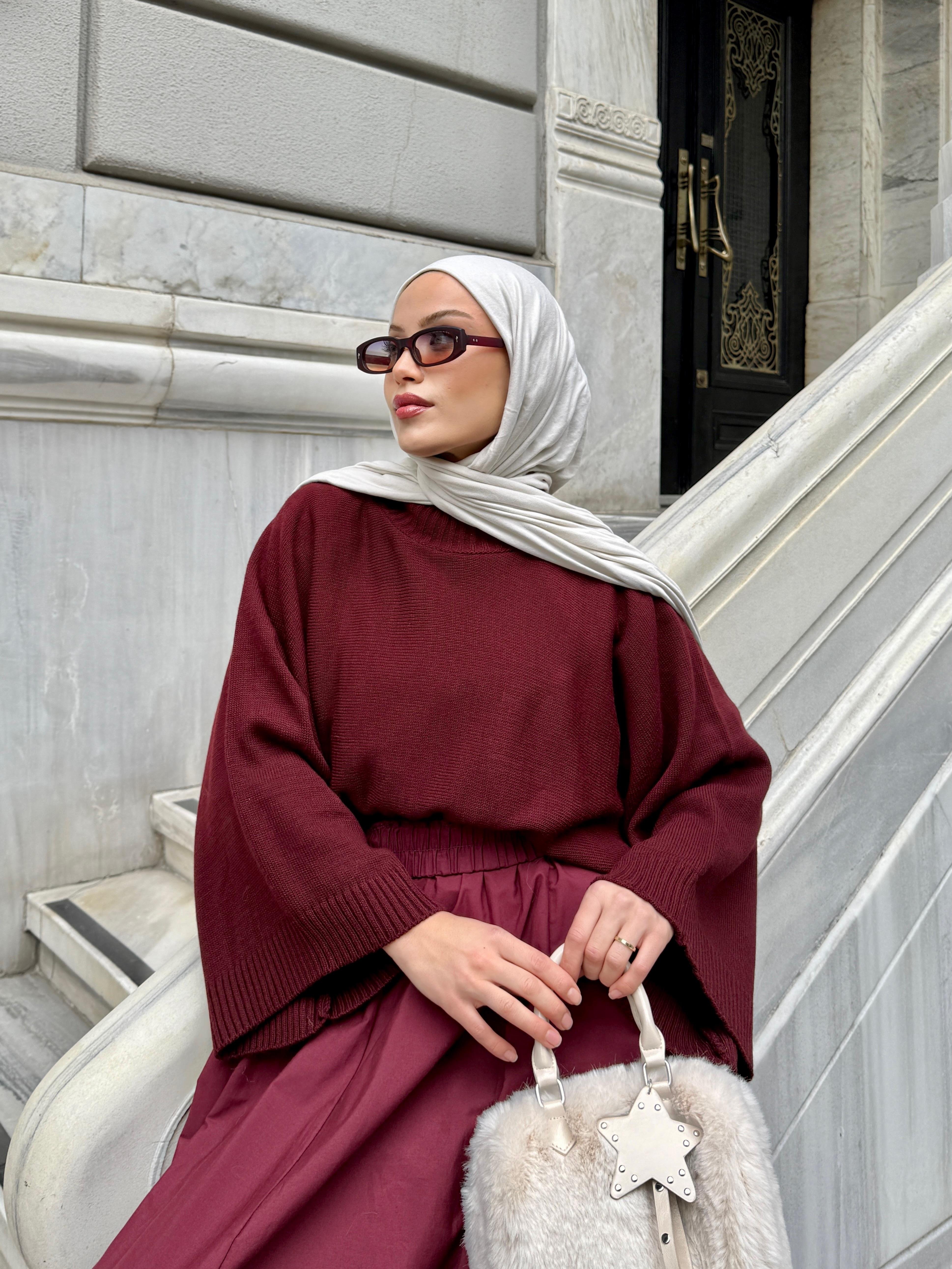 Geniş Kol Oversize Bordo Triko Kazak