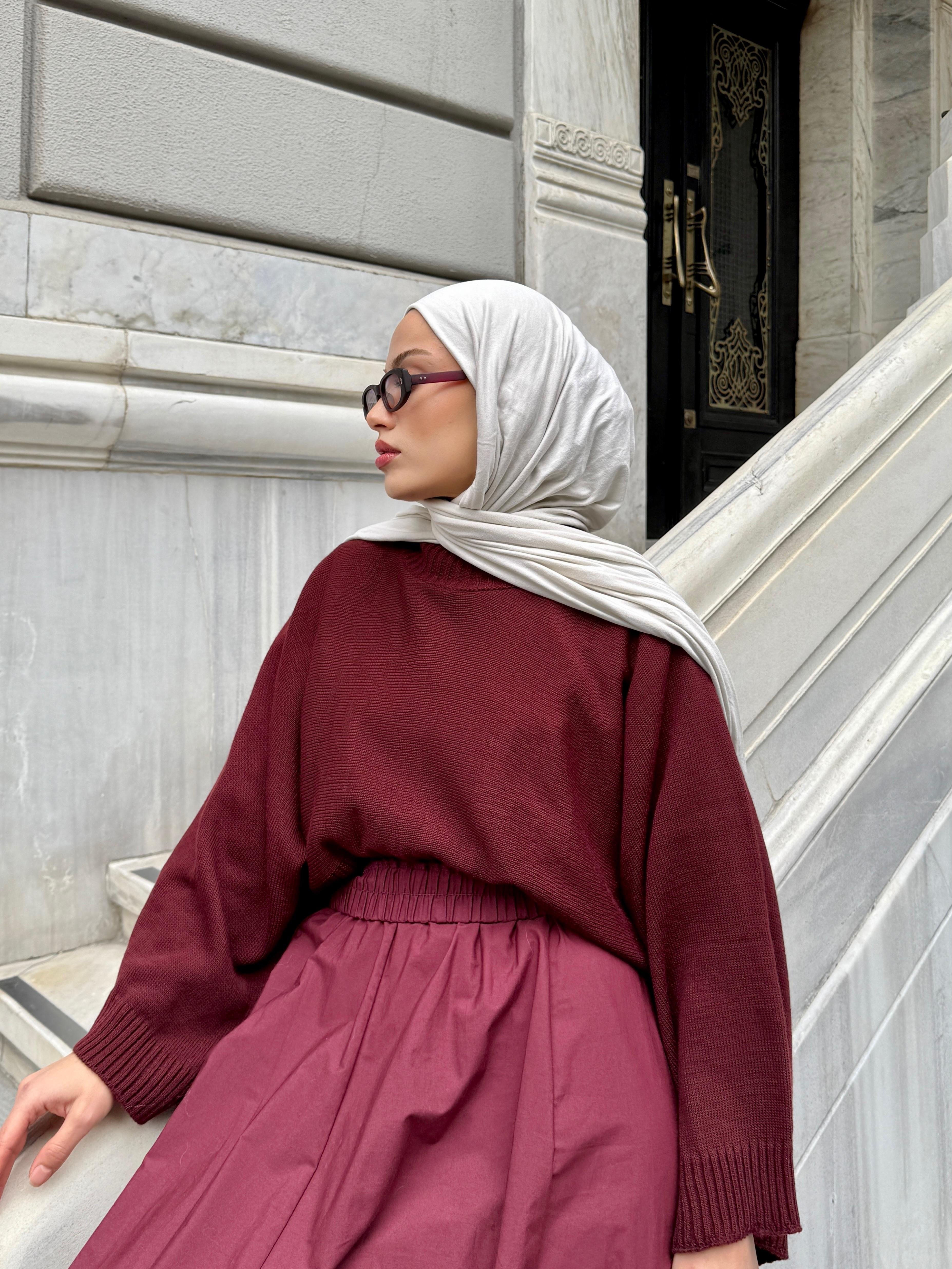 Geniş Kol Oversize Bordo Triko Kazak