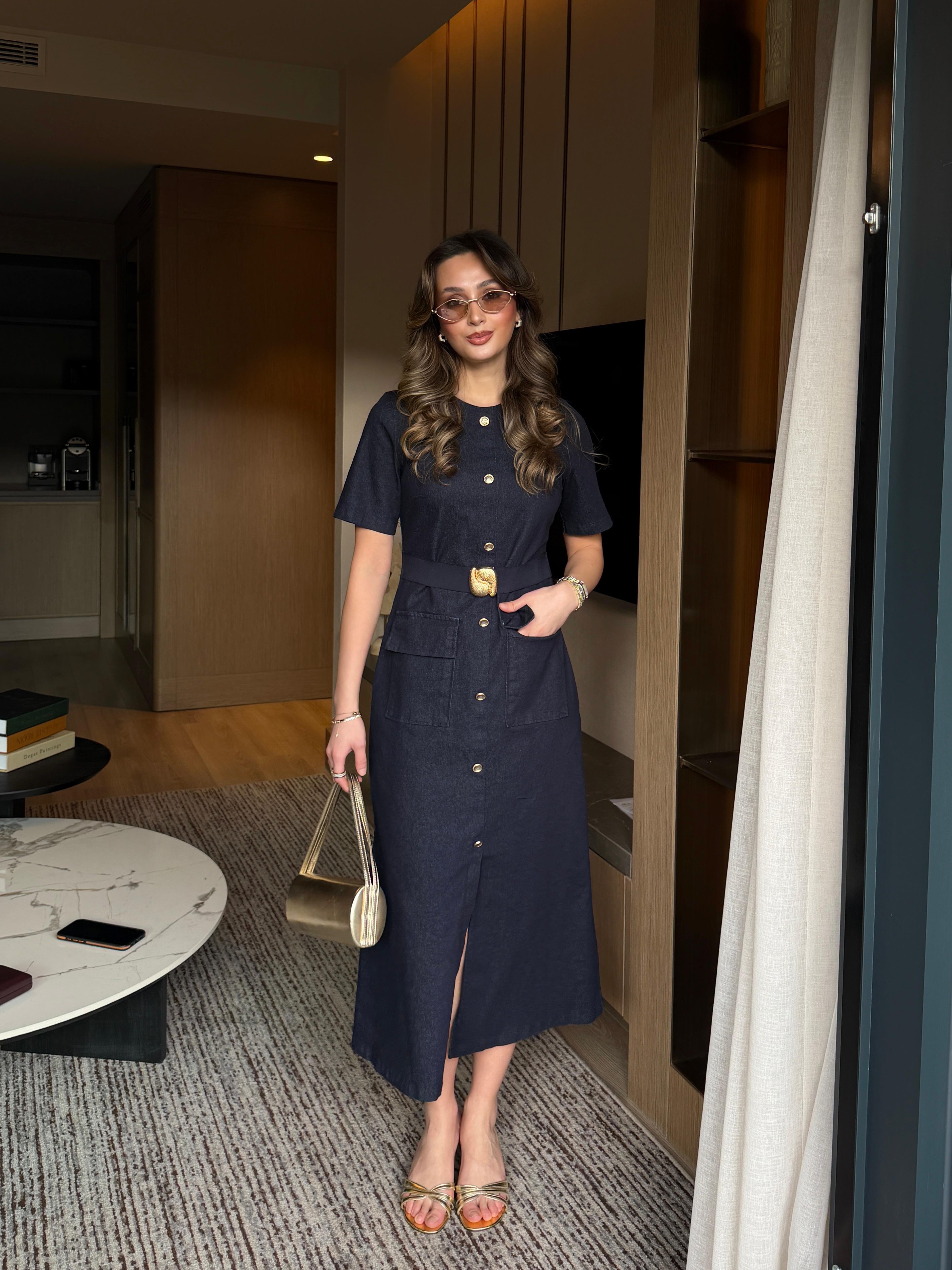 Gold Tokalı Denim Elbise
