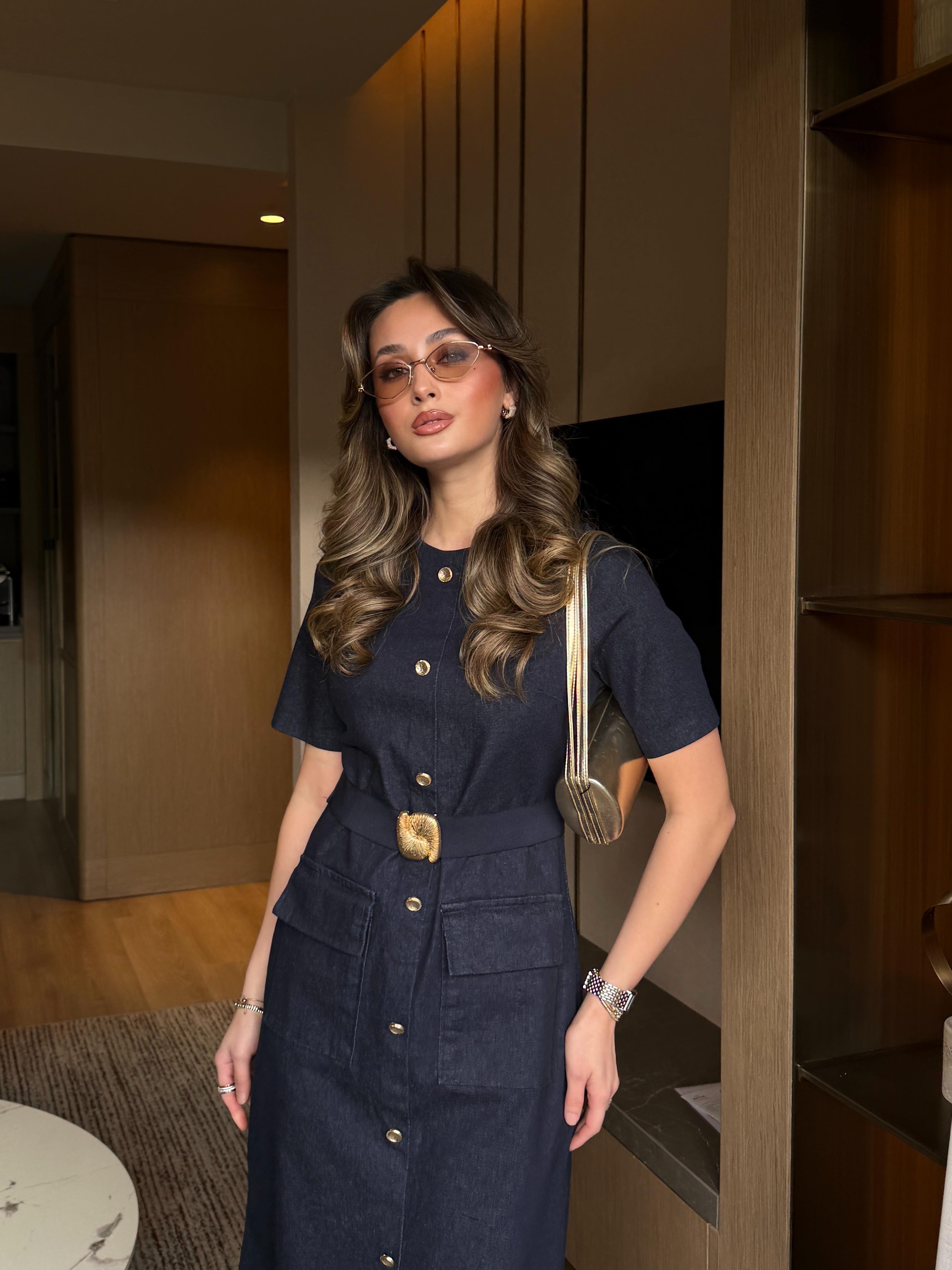 Gold Tokalı Denim Elbise