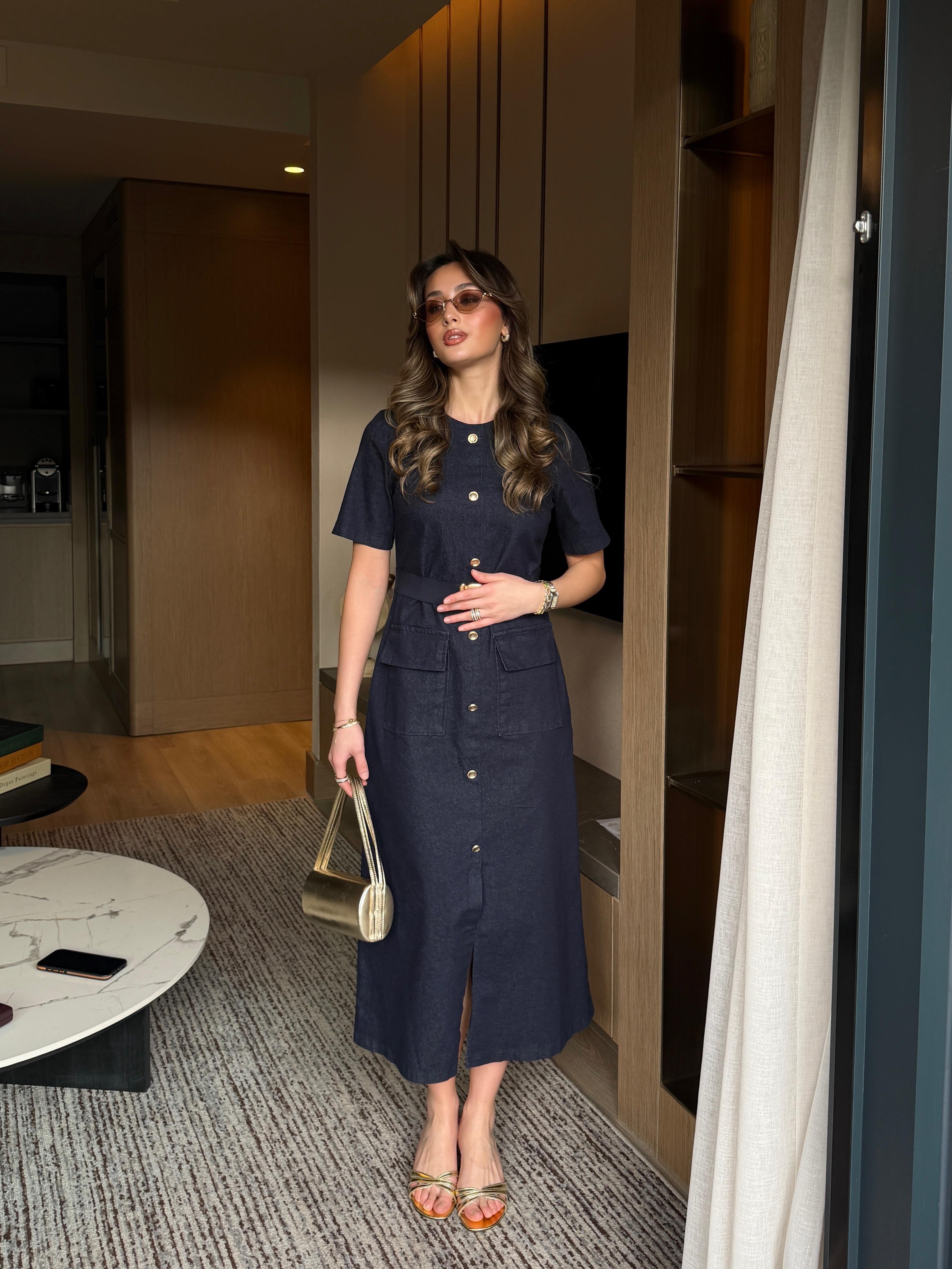 Gold Tokalı Denim Elbise