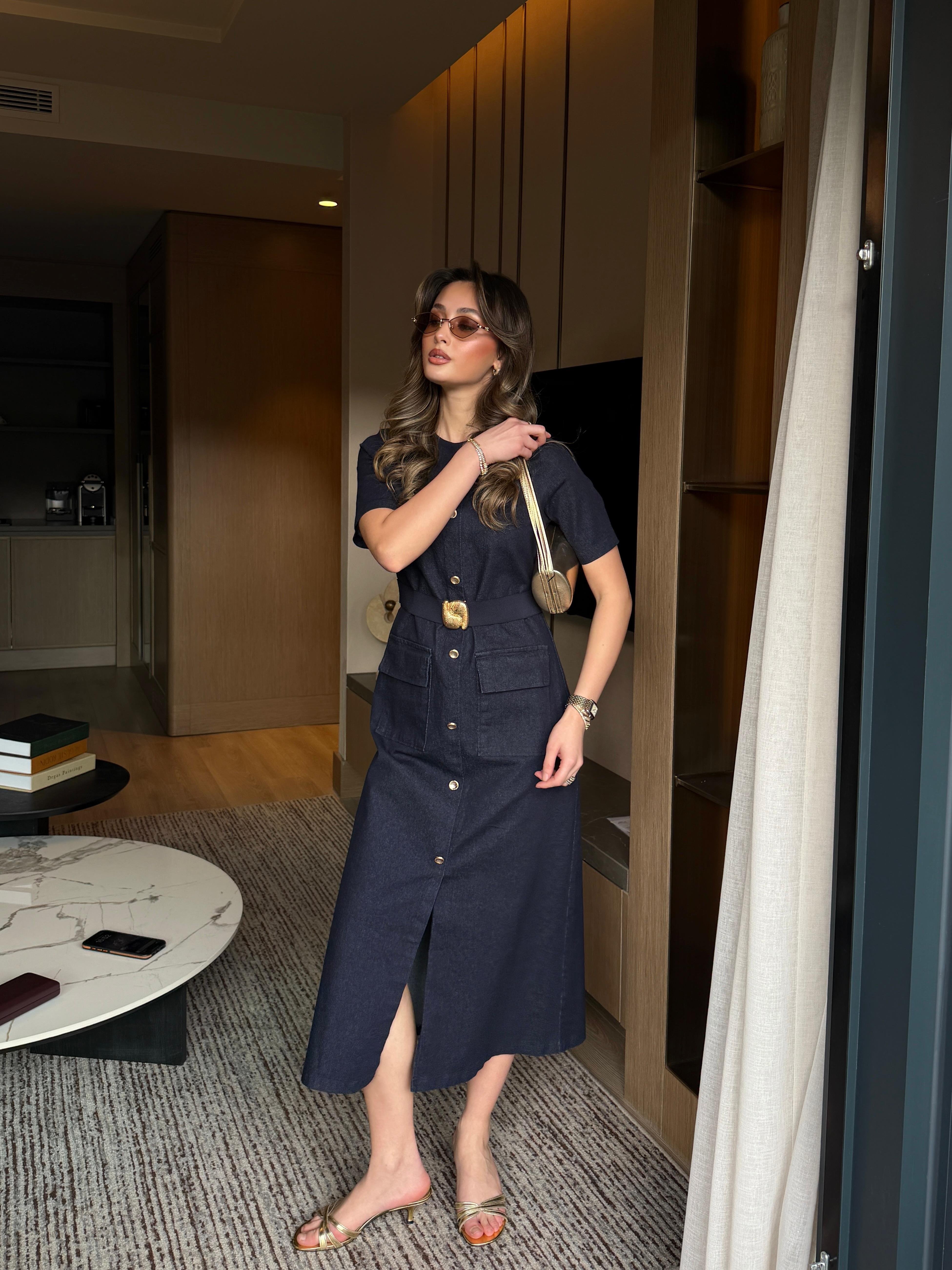 Gold Tokalı Denim Elbise