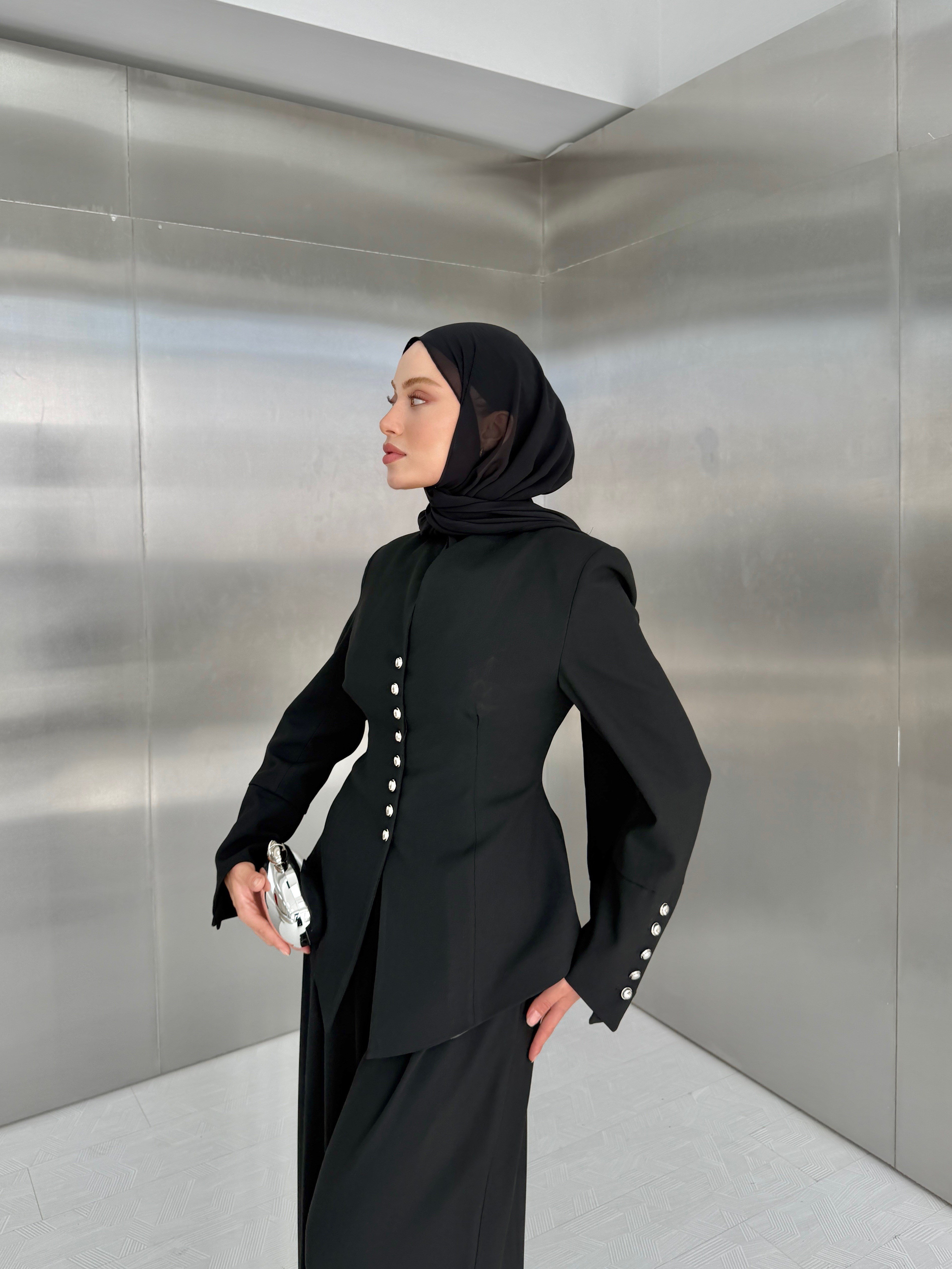 Gümüş Düğme Detaylı Ceket Pantolon Siyah Takım 