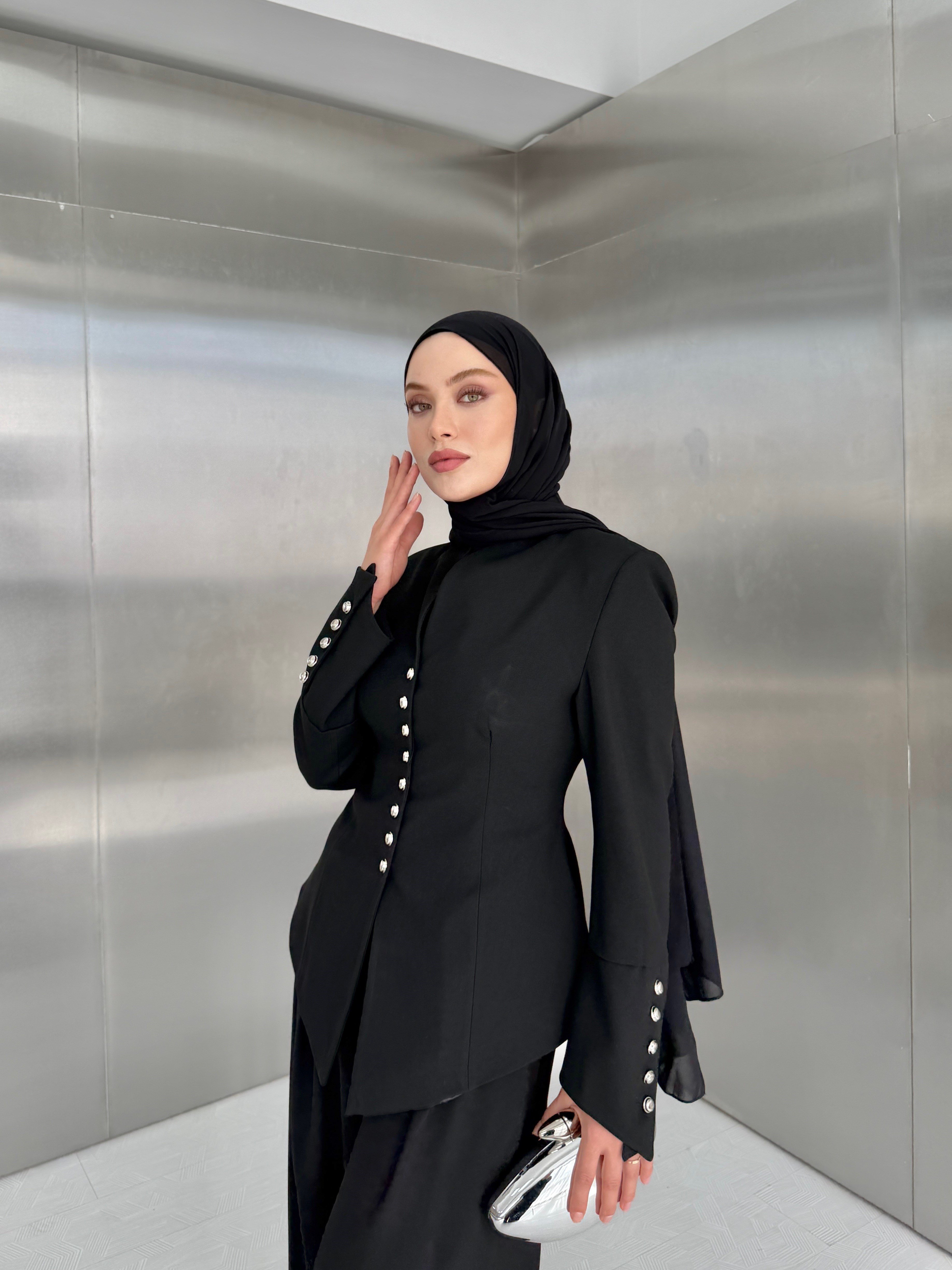 Gümüş Düğme Detaylı Ceket Pantolon Siyah Takım 