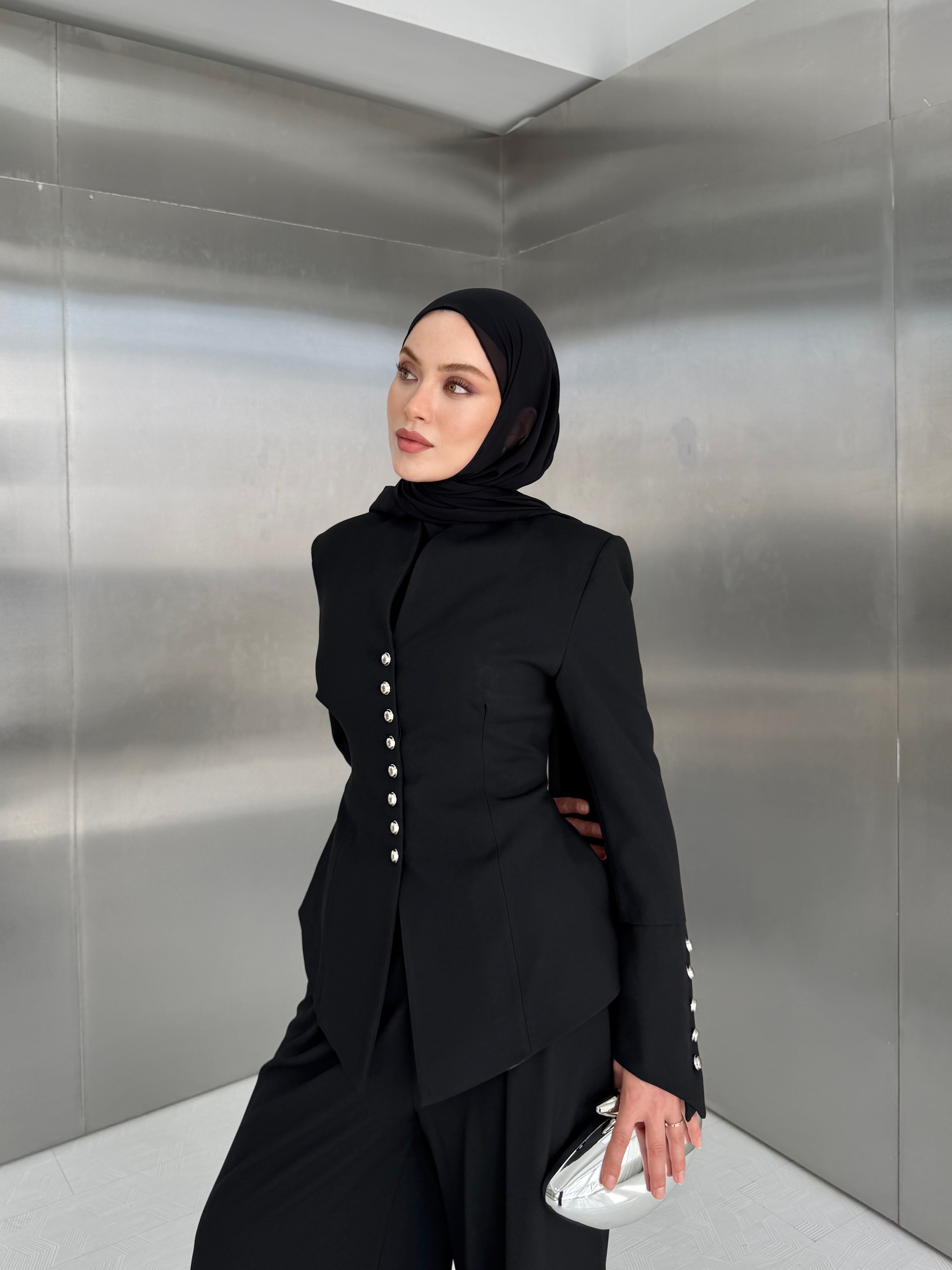 Gümüş Düğme Detaylı Ceket Pantolon Siyah Takım 
