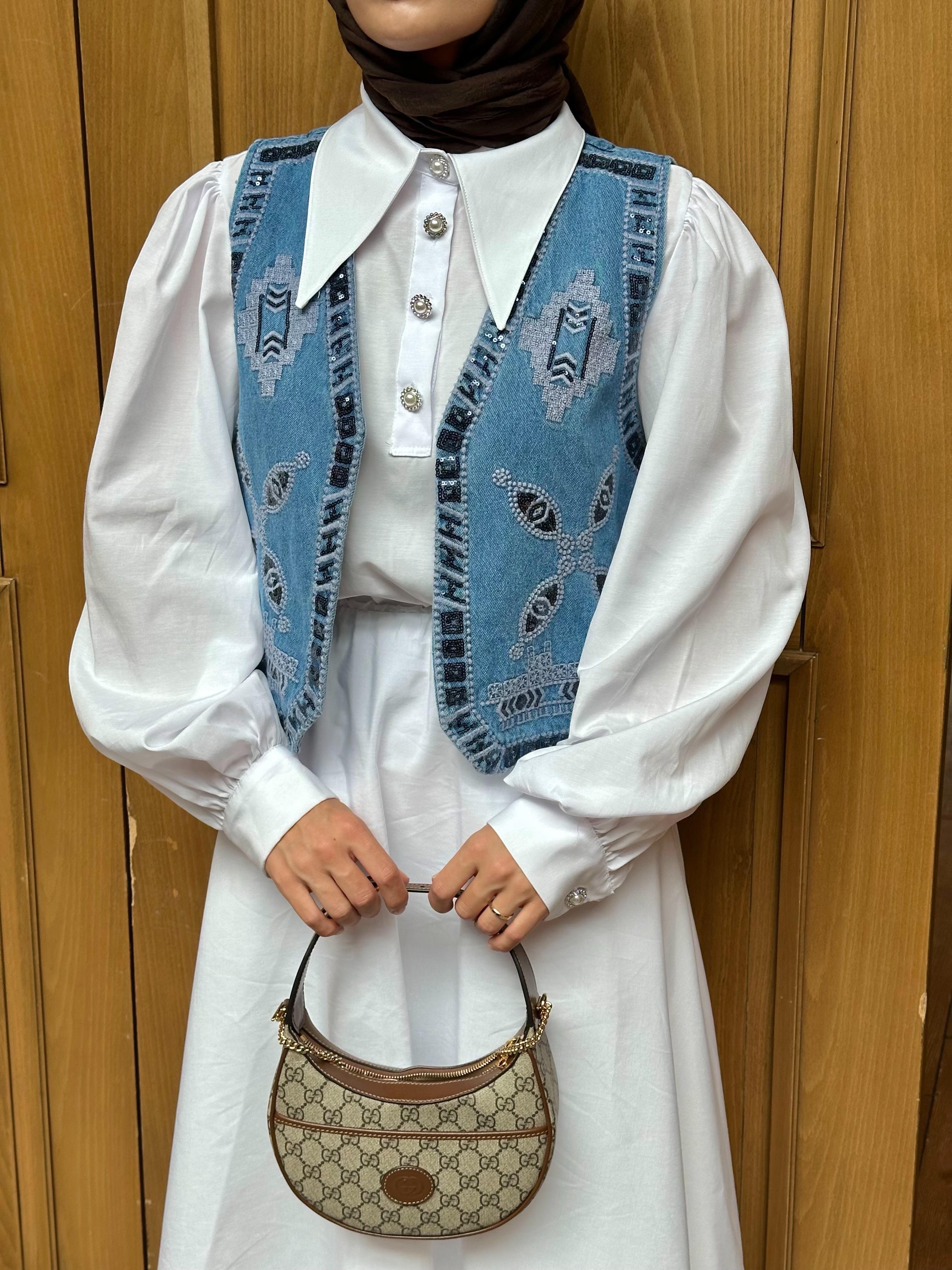 İşlemeli Denim Yelek 