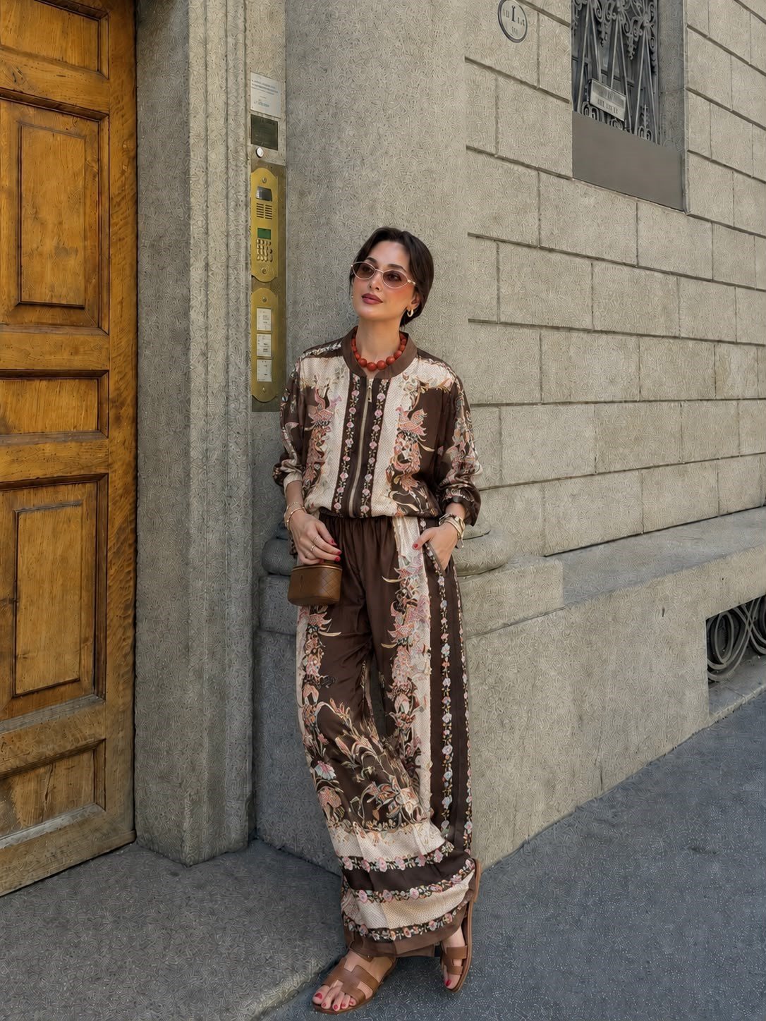 İthal Desenli Pantalonlu Takım Kahve