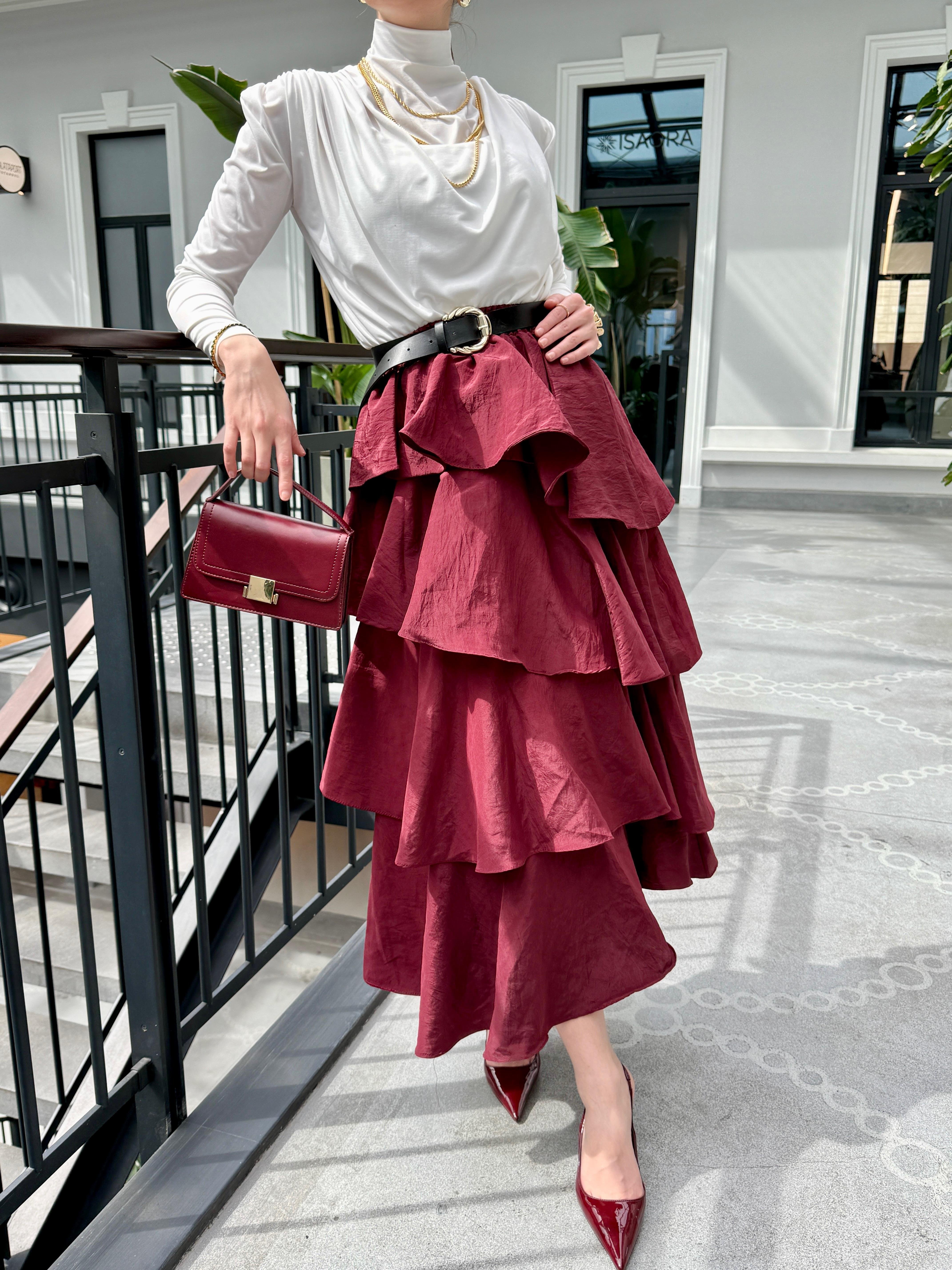 Katlı Bordo Etek