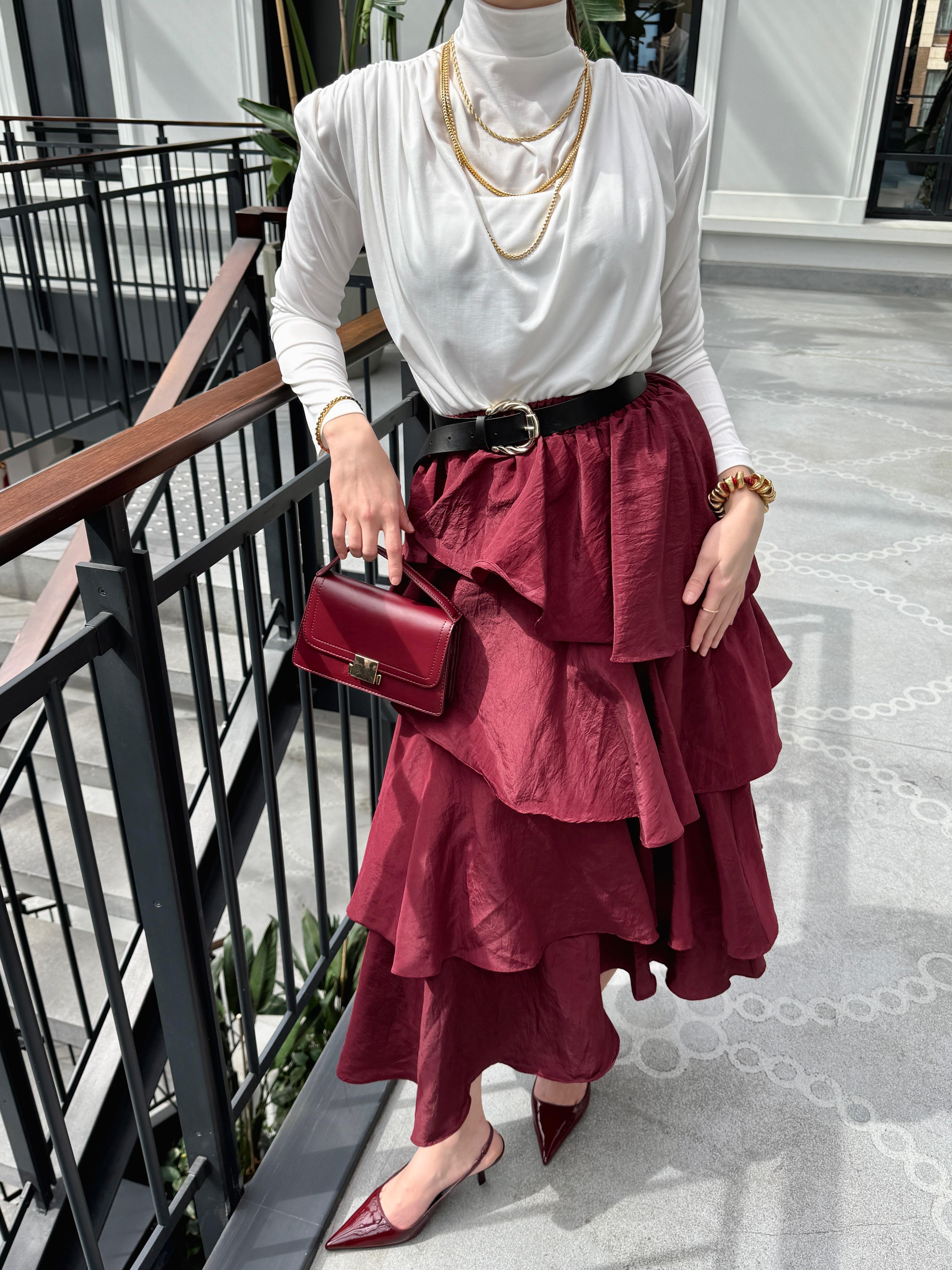 Katlı Bordo Etek