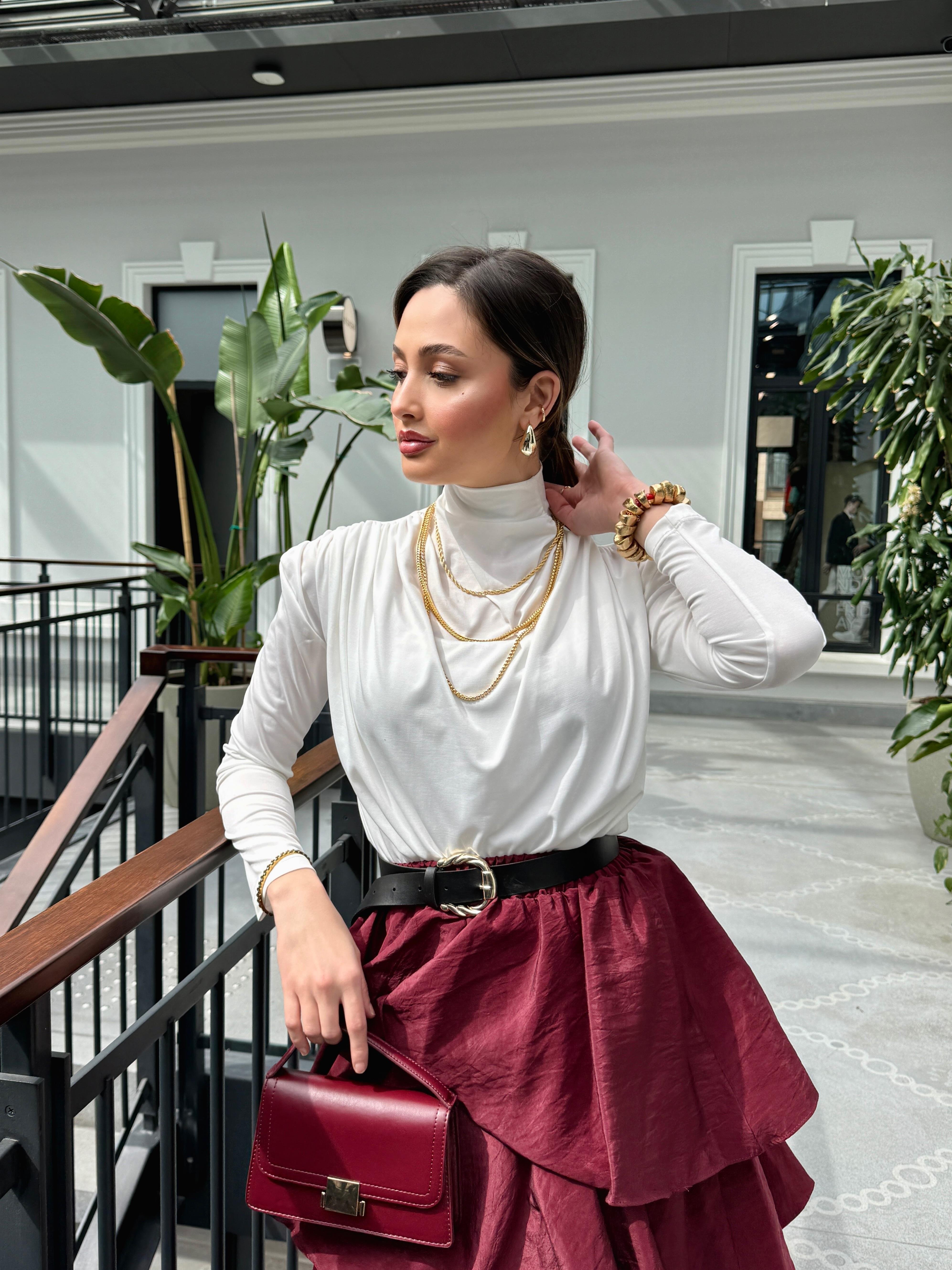 Katlı Bordo Etek