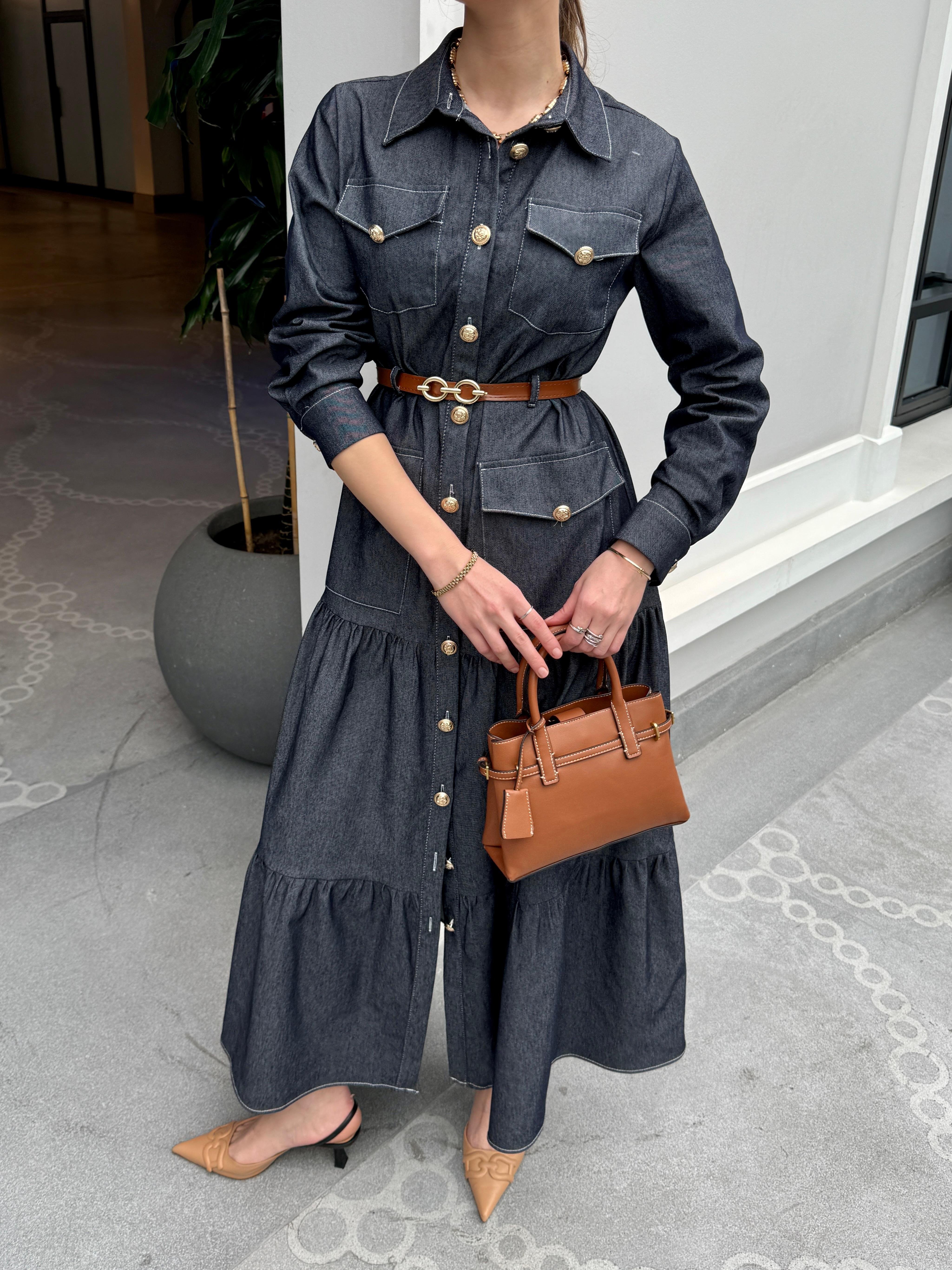 Kemerli Denim Elbise