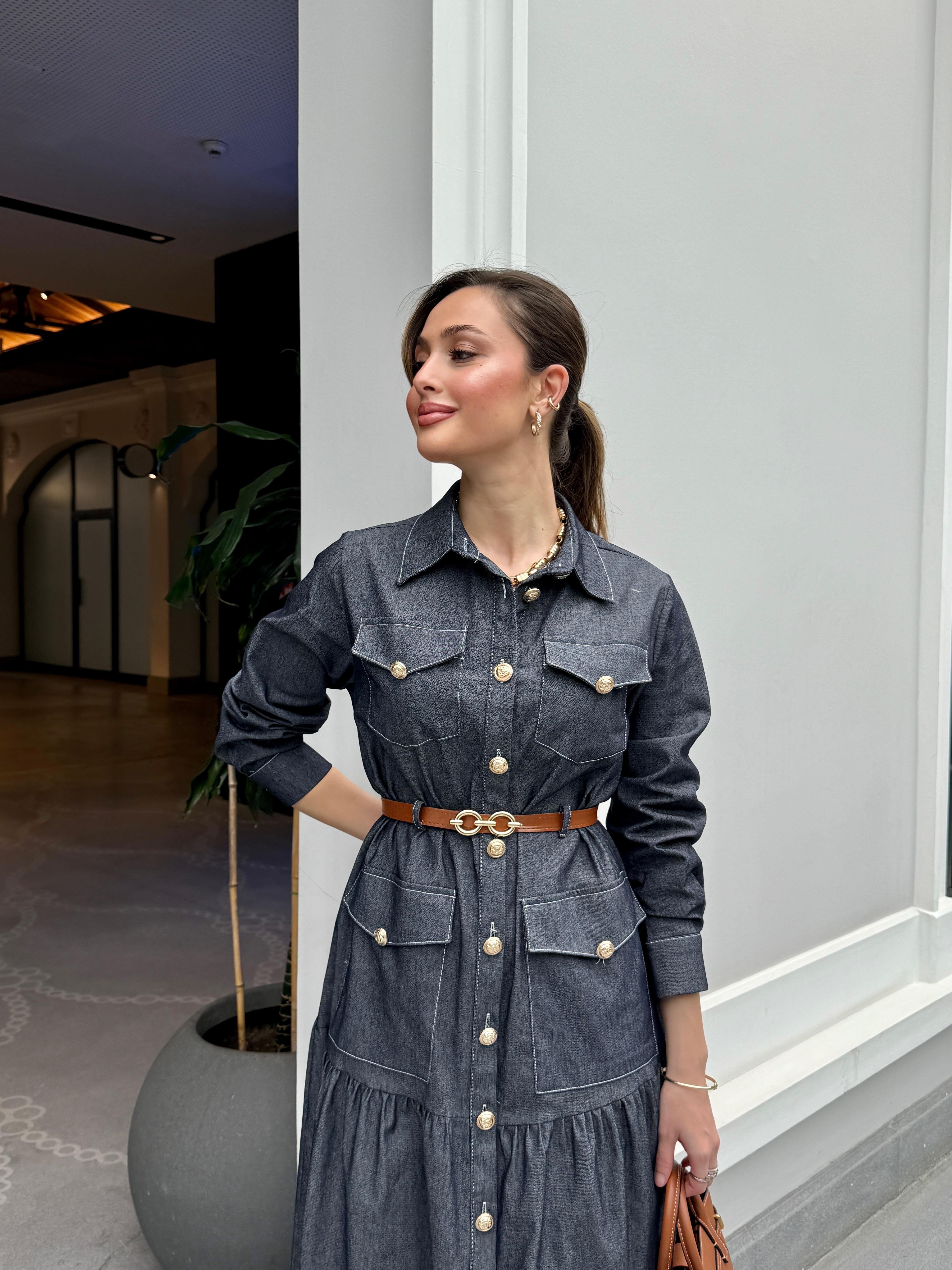 Kemerli Denim Elbise