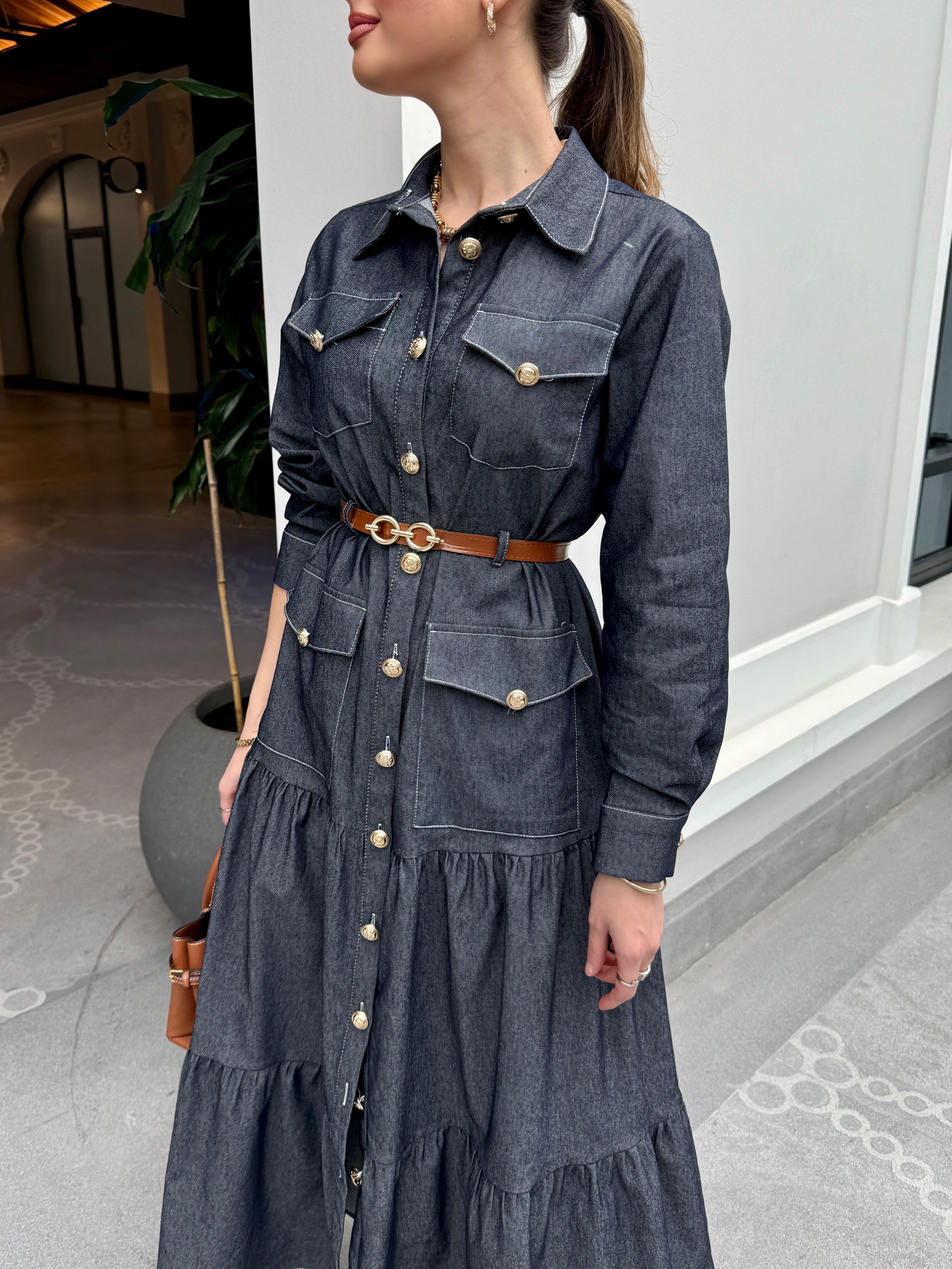Kemerli Denim Elbise