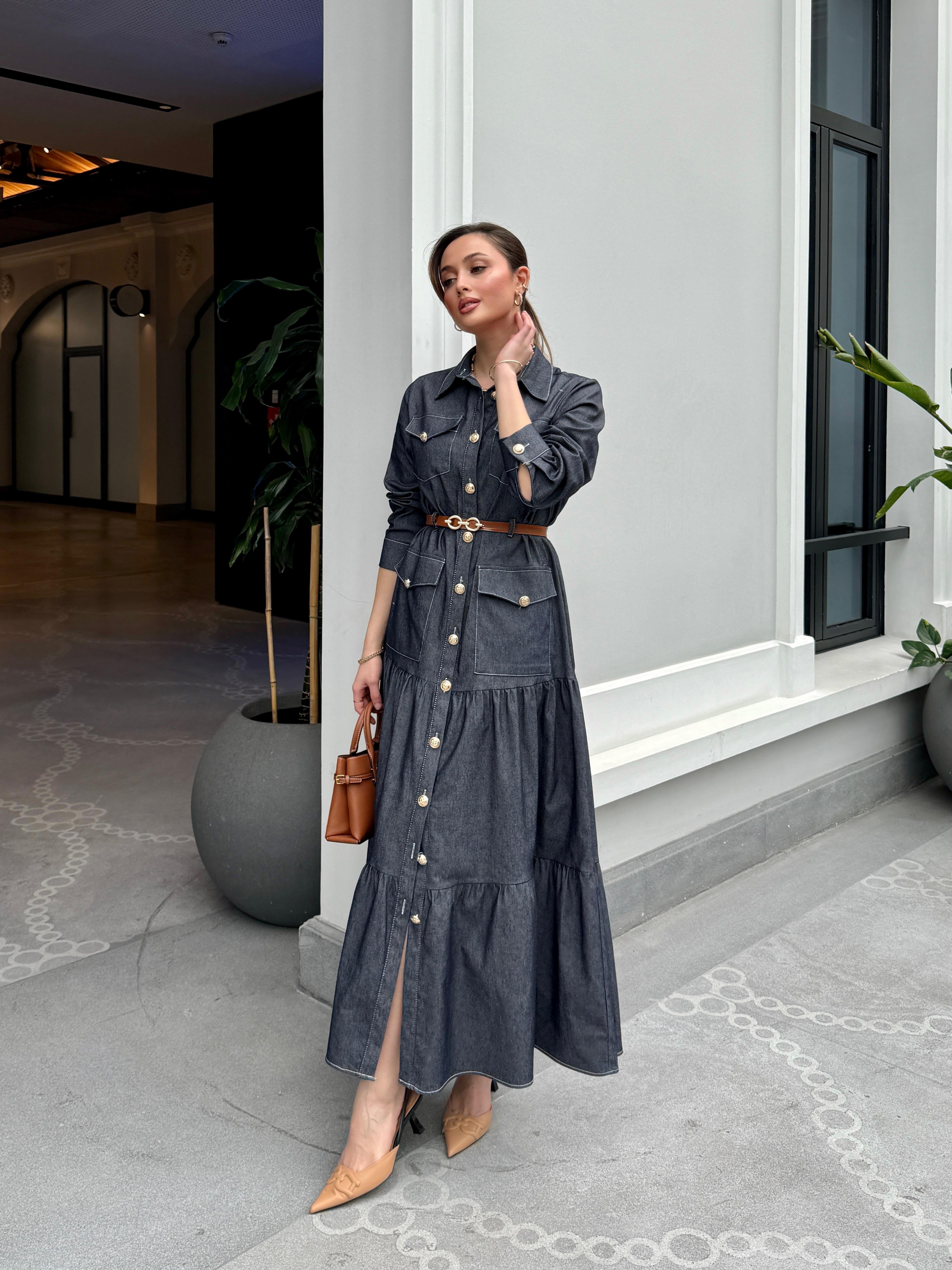 Kemerli Denim Elbise