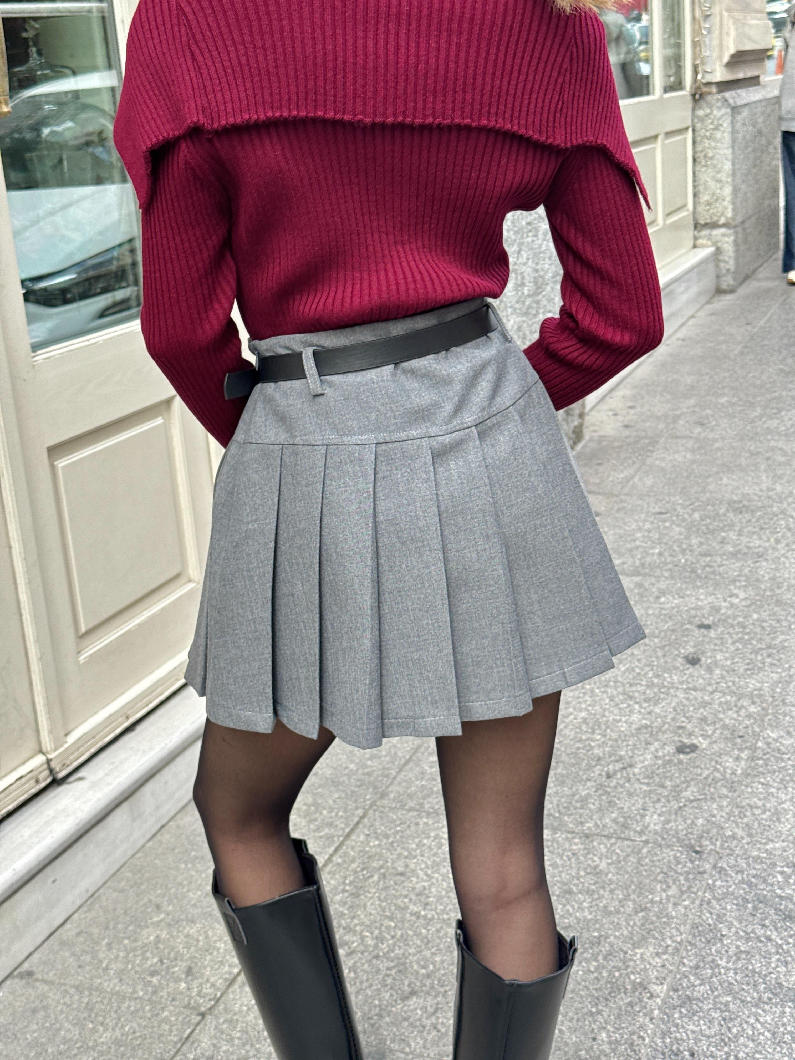 Kemerli Pileli Mini Etek 