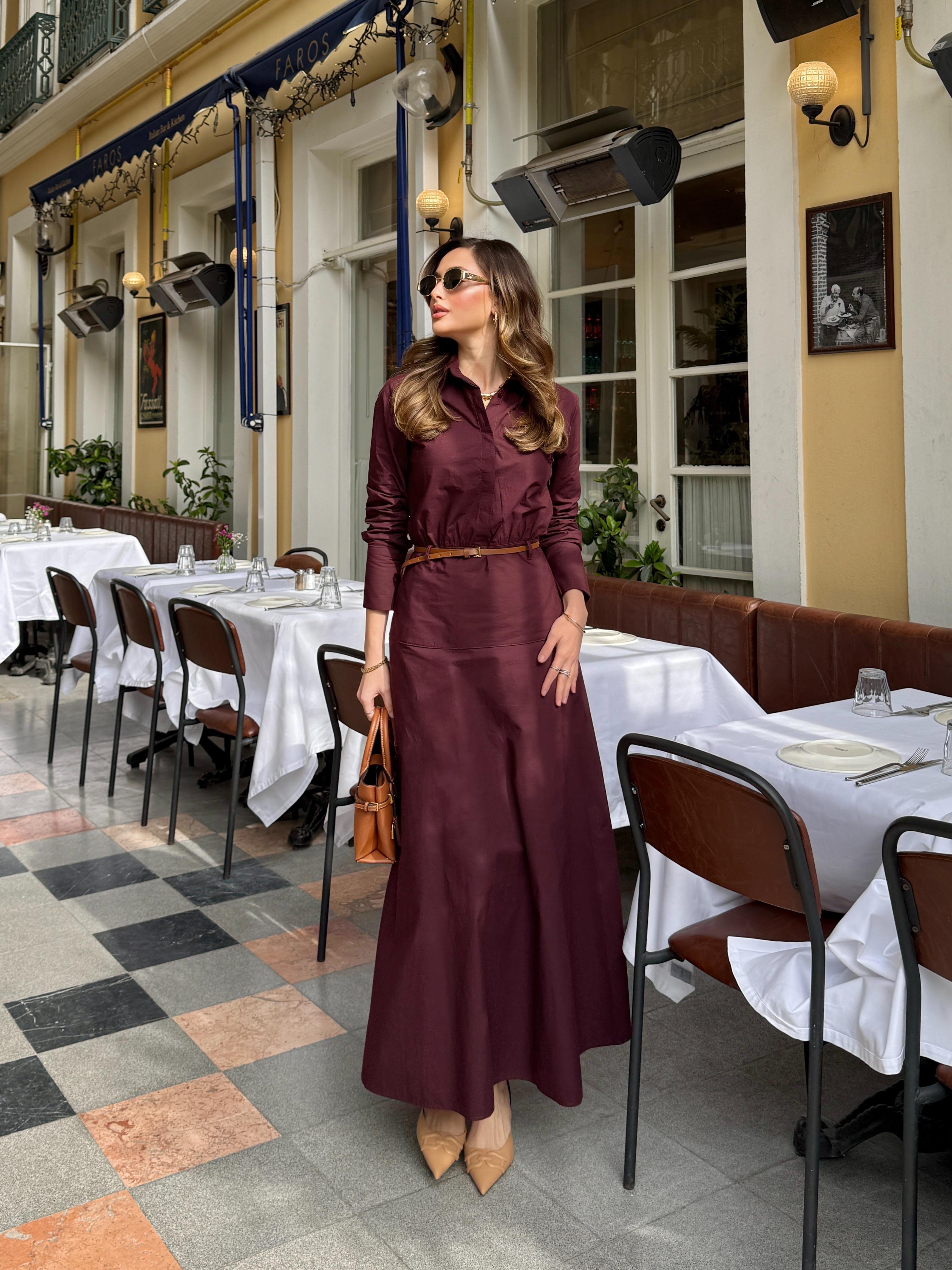 Kemerli Yarım Düğmeli Mürdüm Elbise