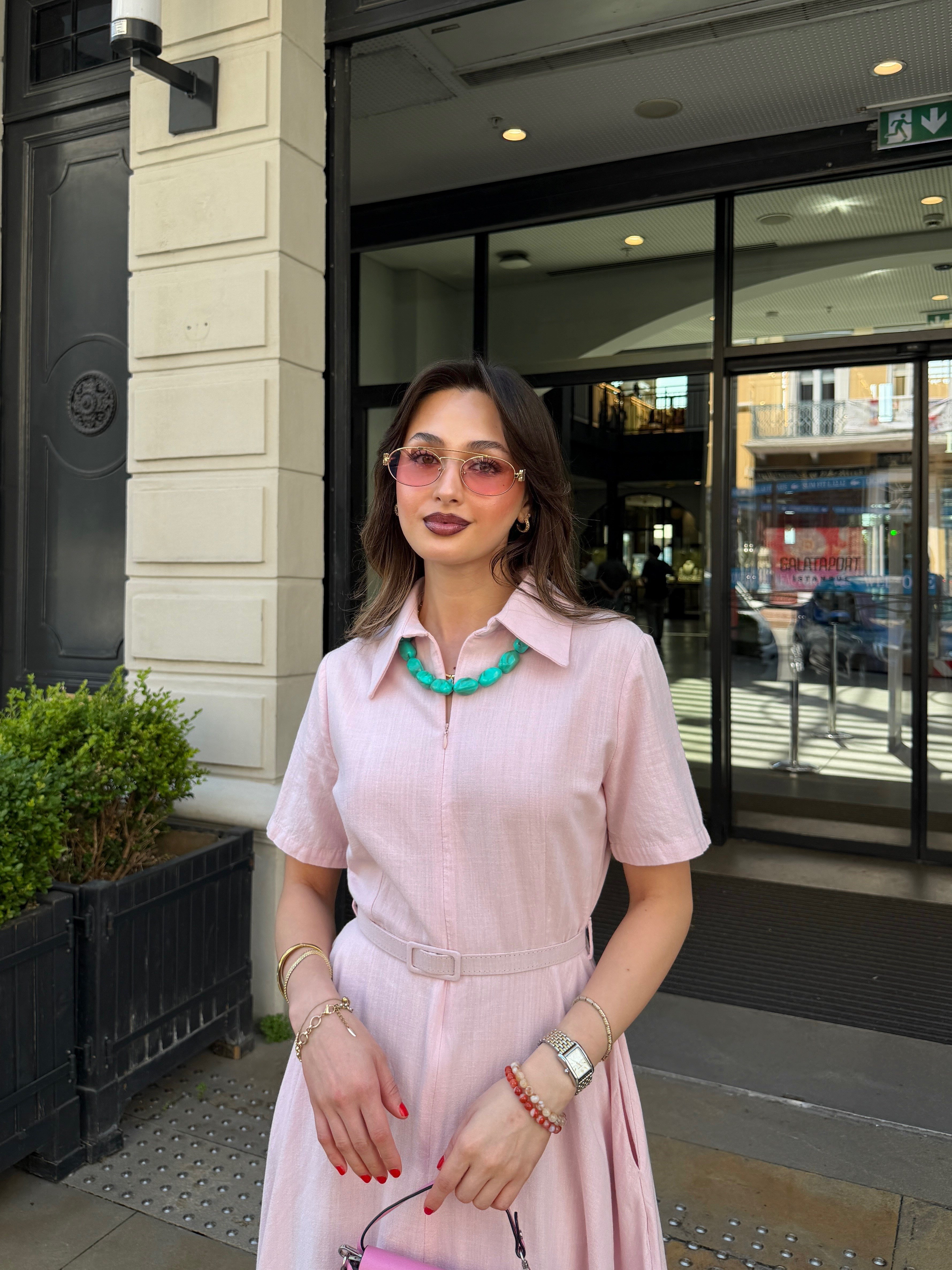 Kemerli Yarım Kol Keten Pembe Elbise
