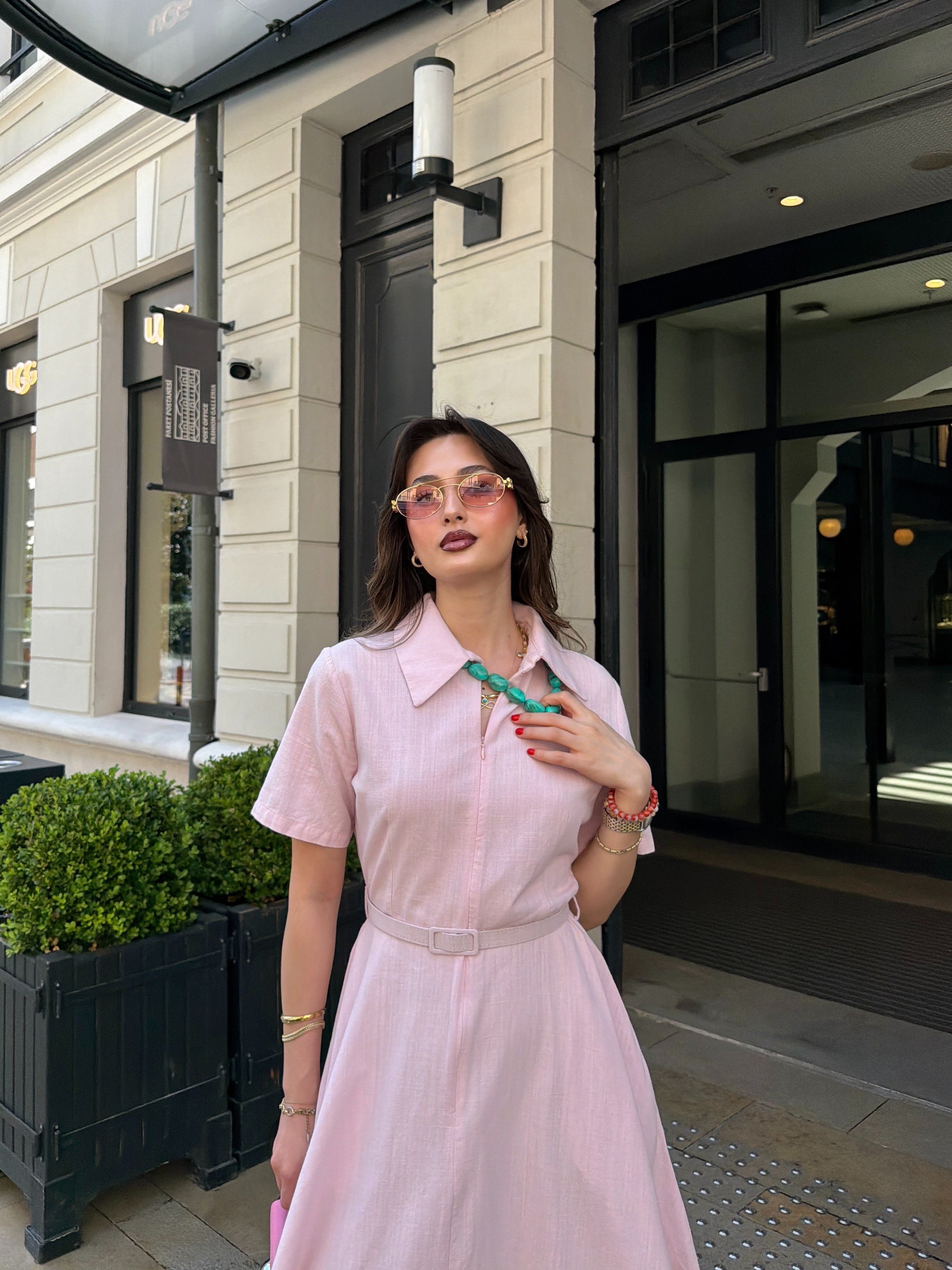 Kemerli Yarım Kol Keten Pembe Elbise