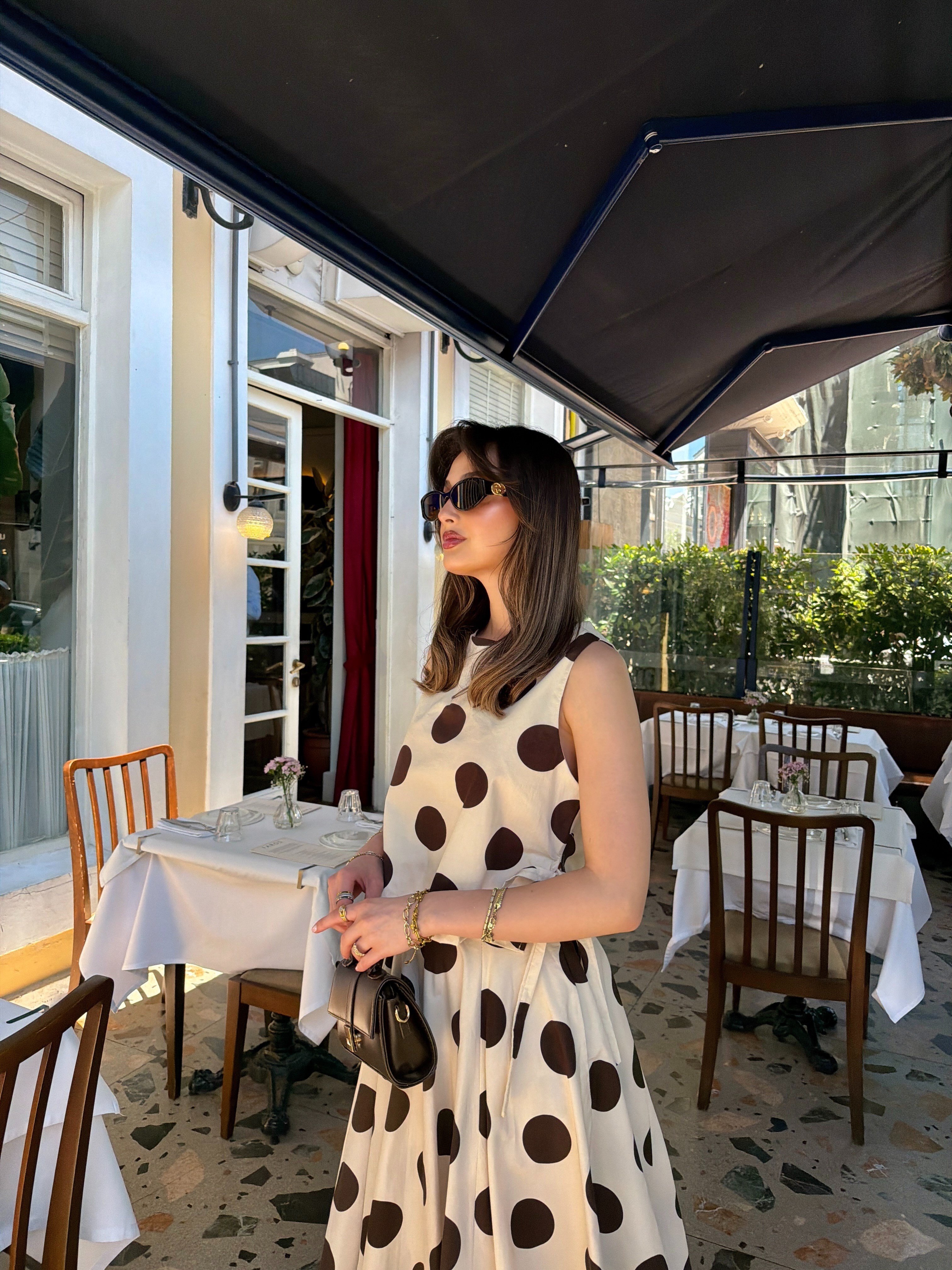 Kloş Etek Kahve Puantiyeli Crop Takım