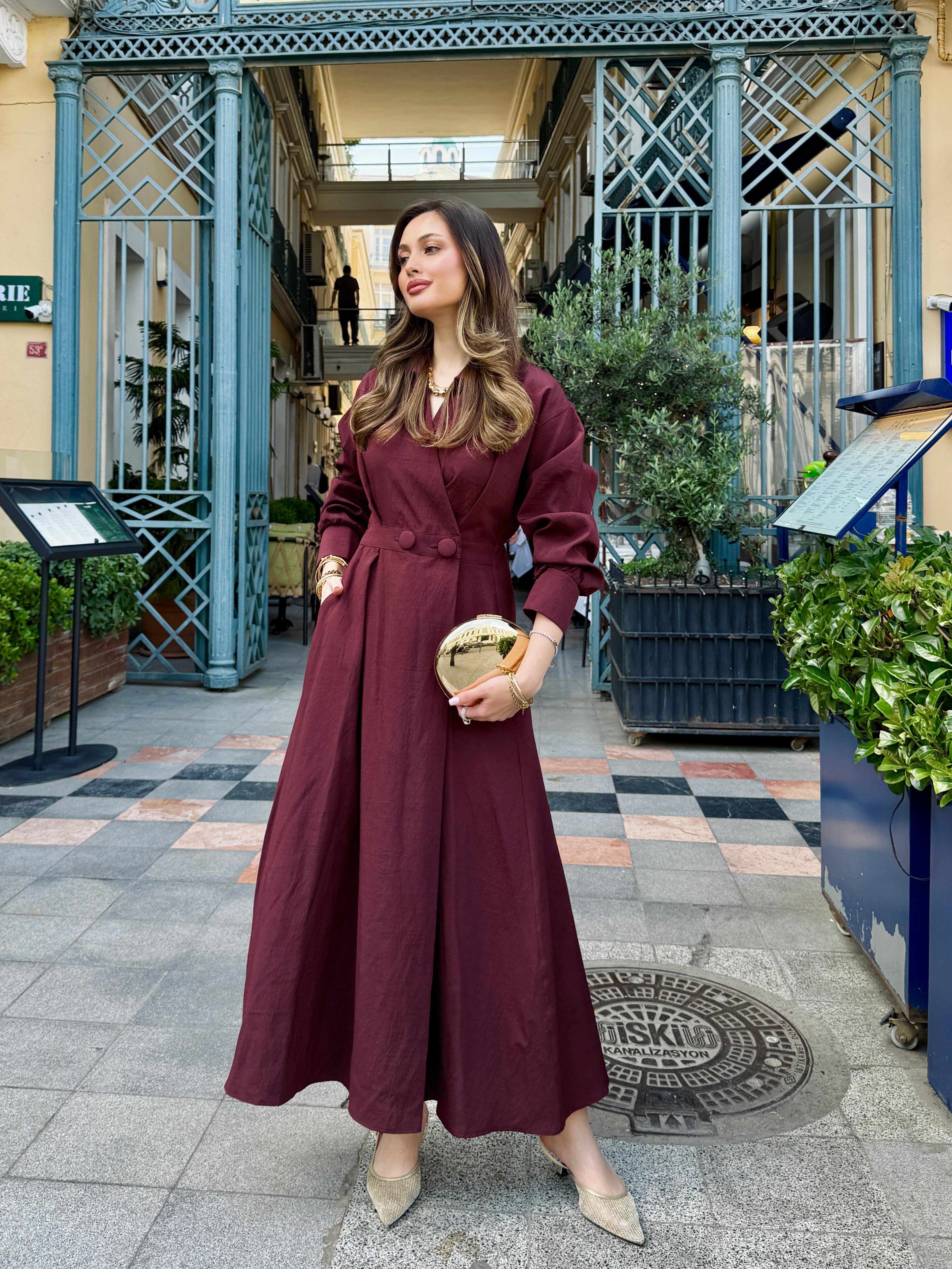 Kruvaze Yaka Maxi Boy Bordo Elbise