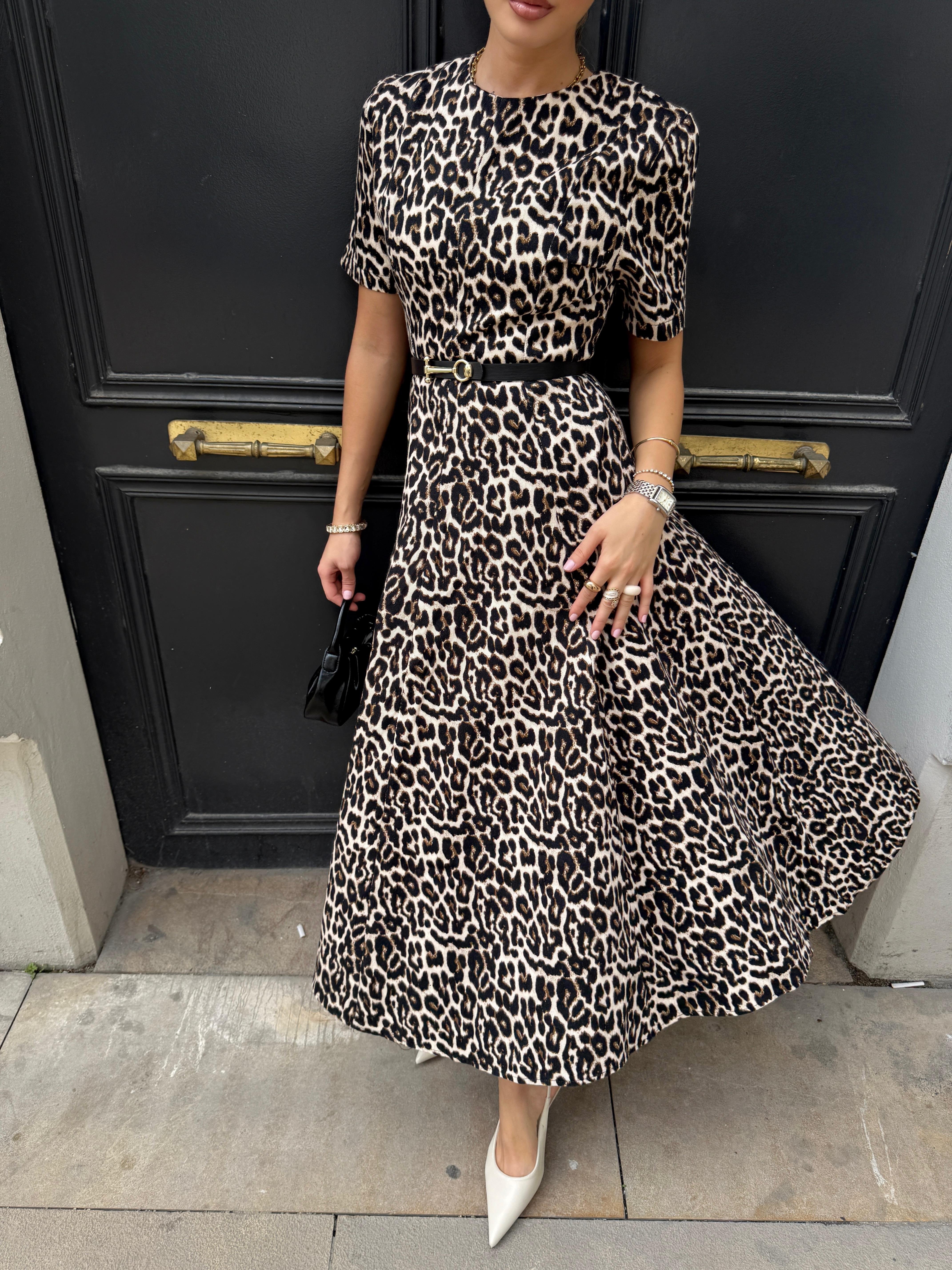 Leopar Desen Gabardin Elbise 