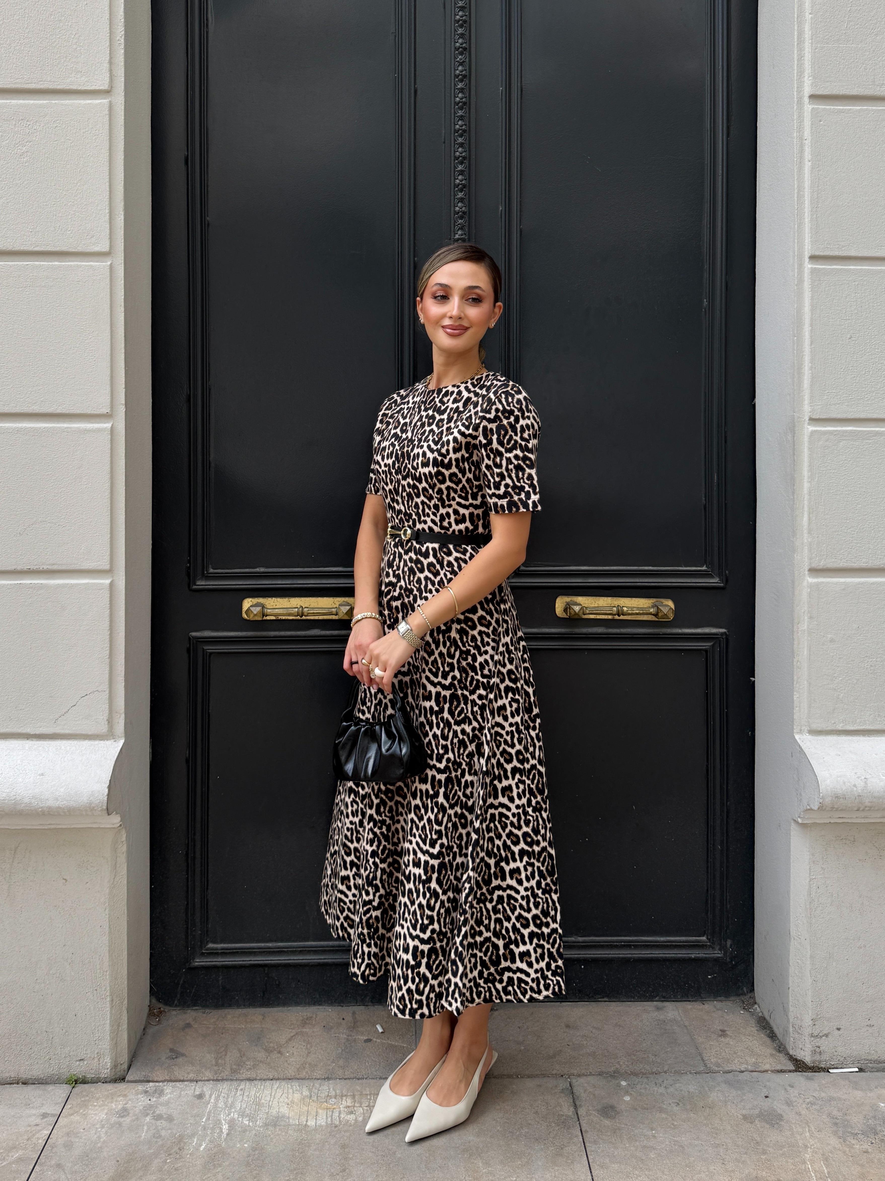 Leopar Desen Gabardin Elbise 