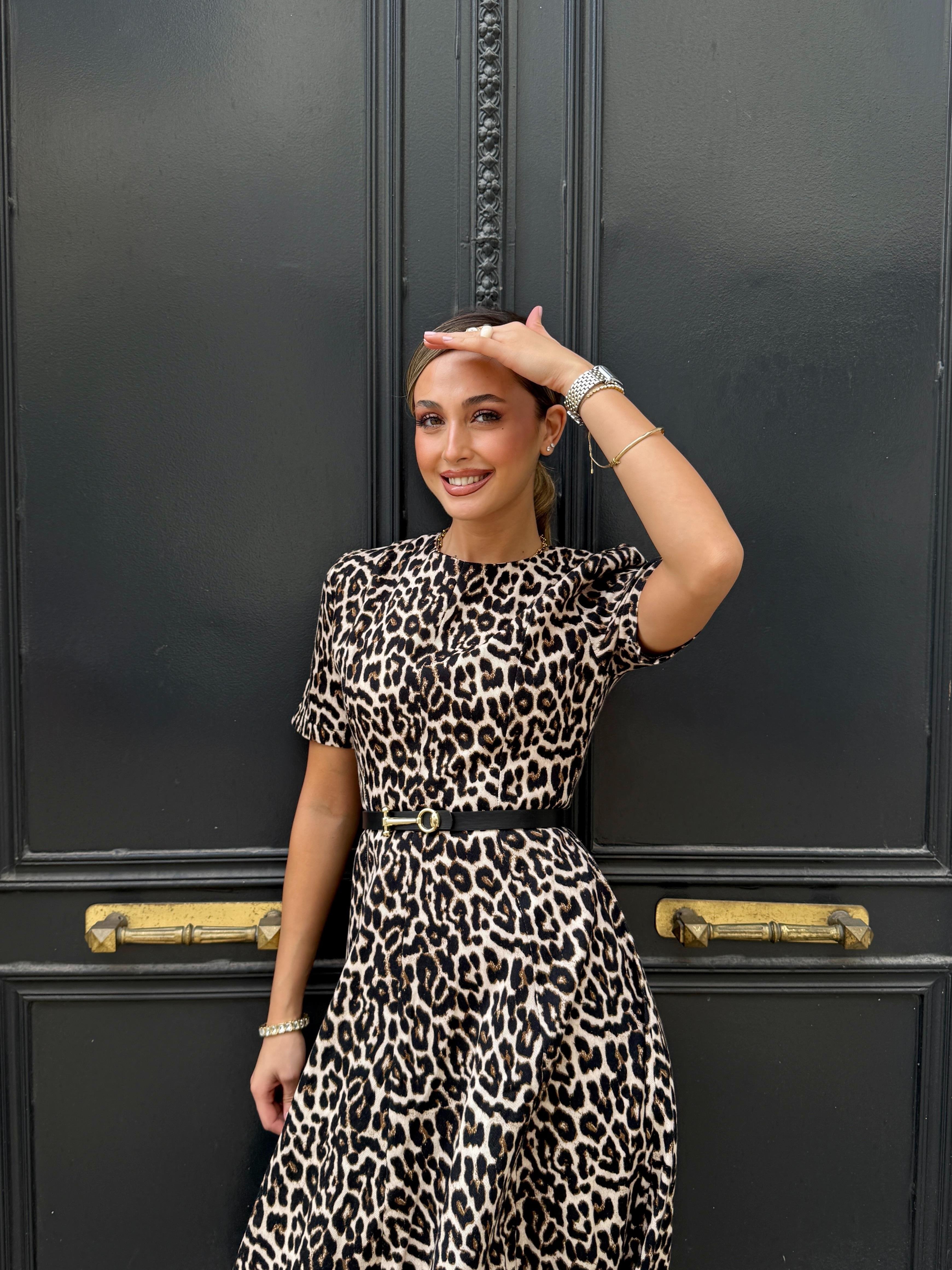 Leopar Desen Gabardin Elbise 