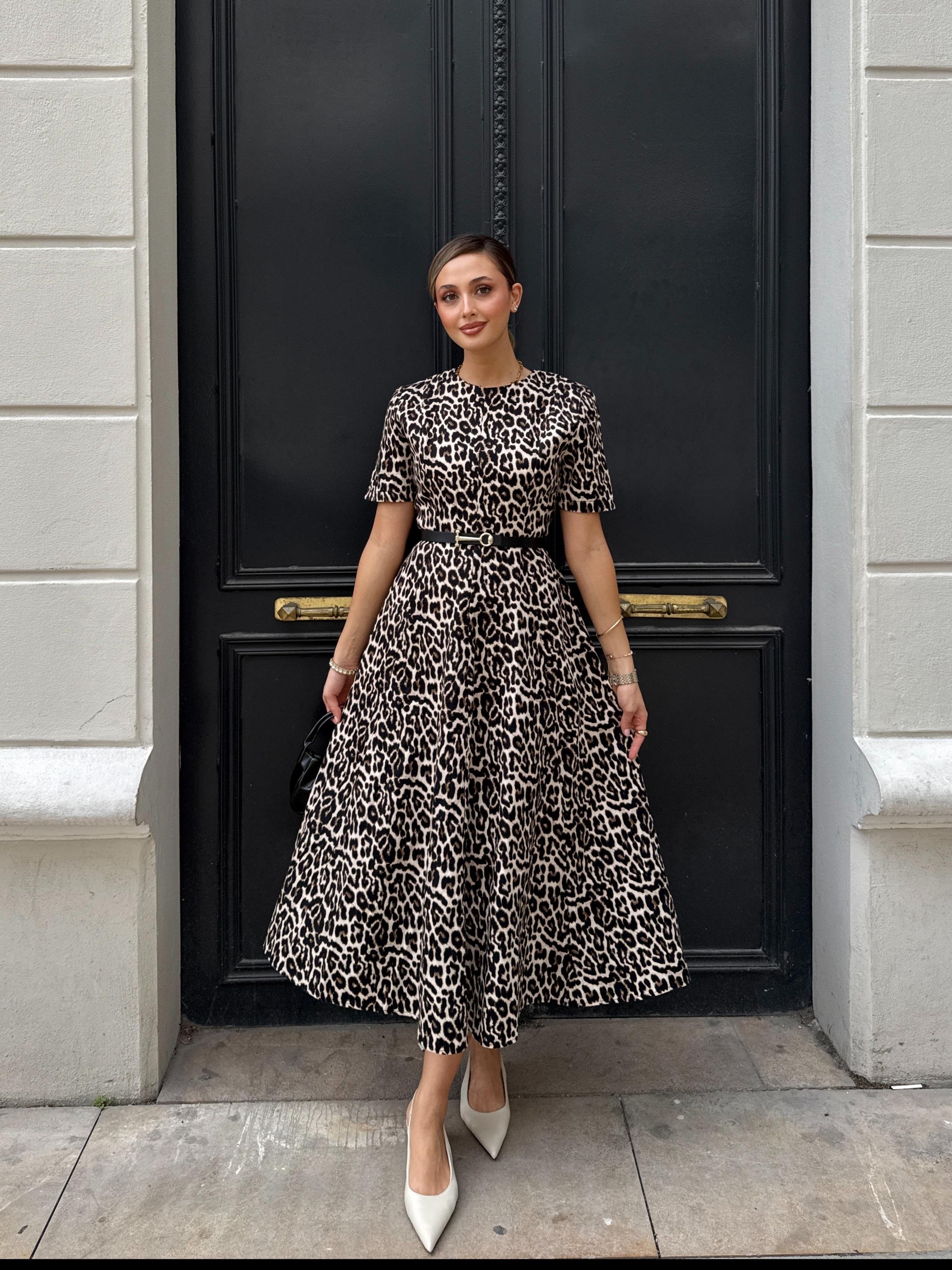 Leopar Desen Gabardin Elbise 