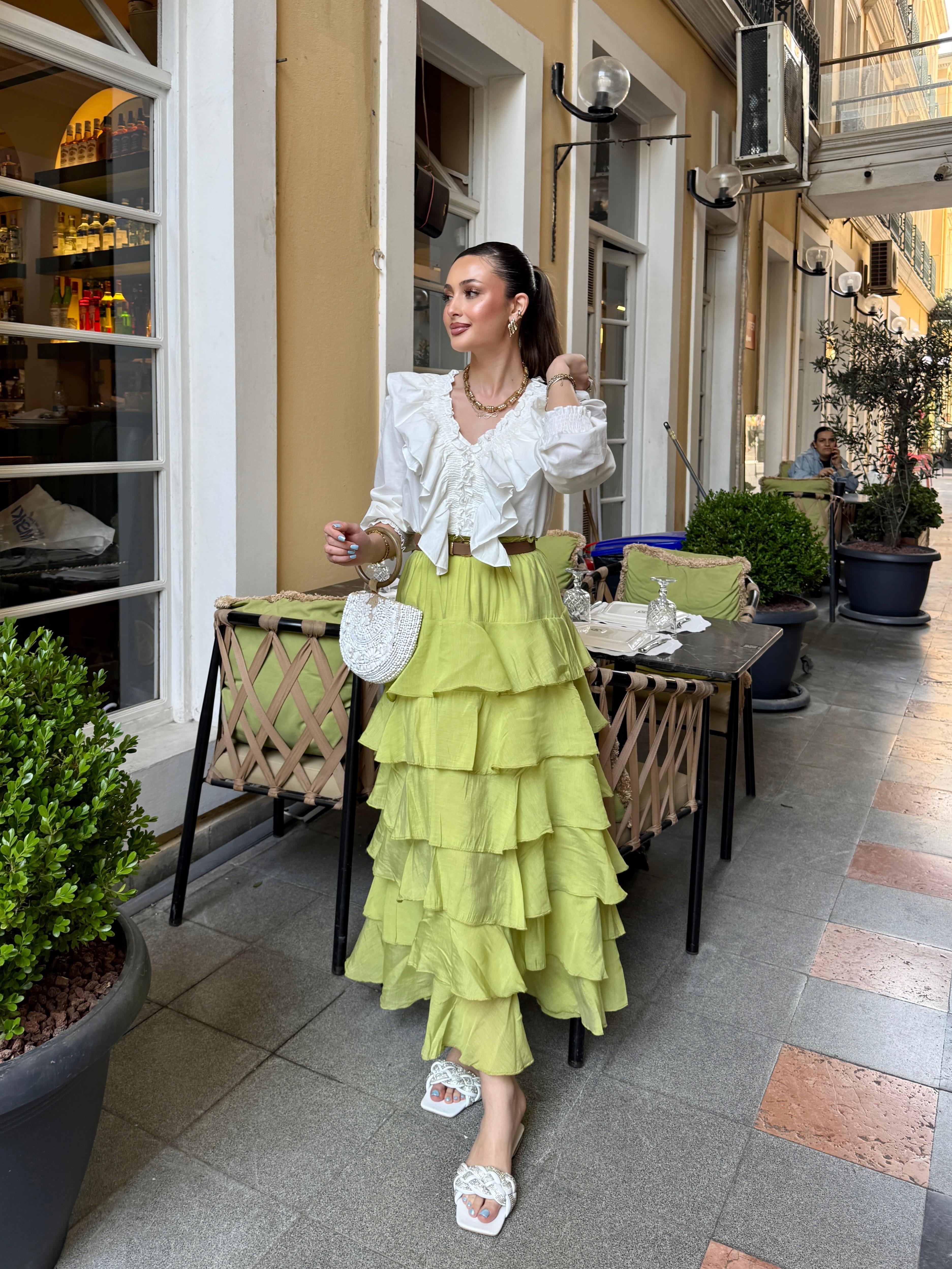 Maxi Model Çağla Yeşili Kat Kat Etek 