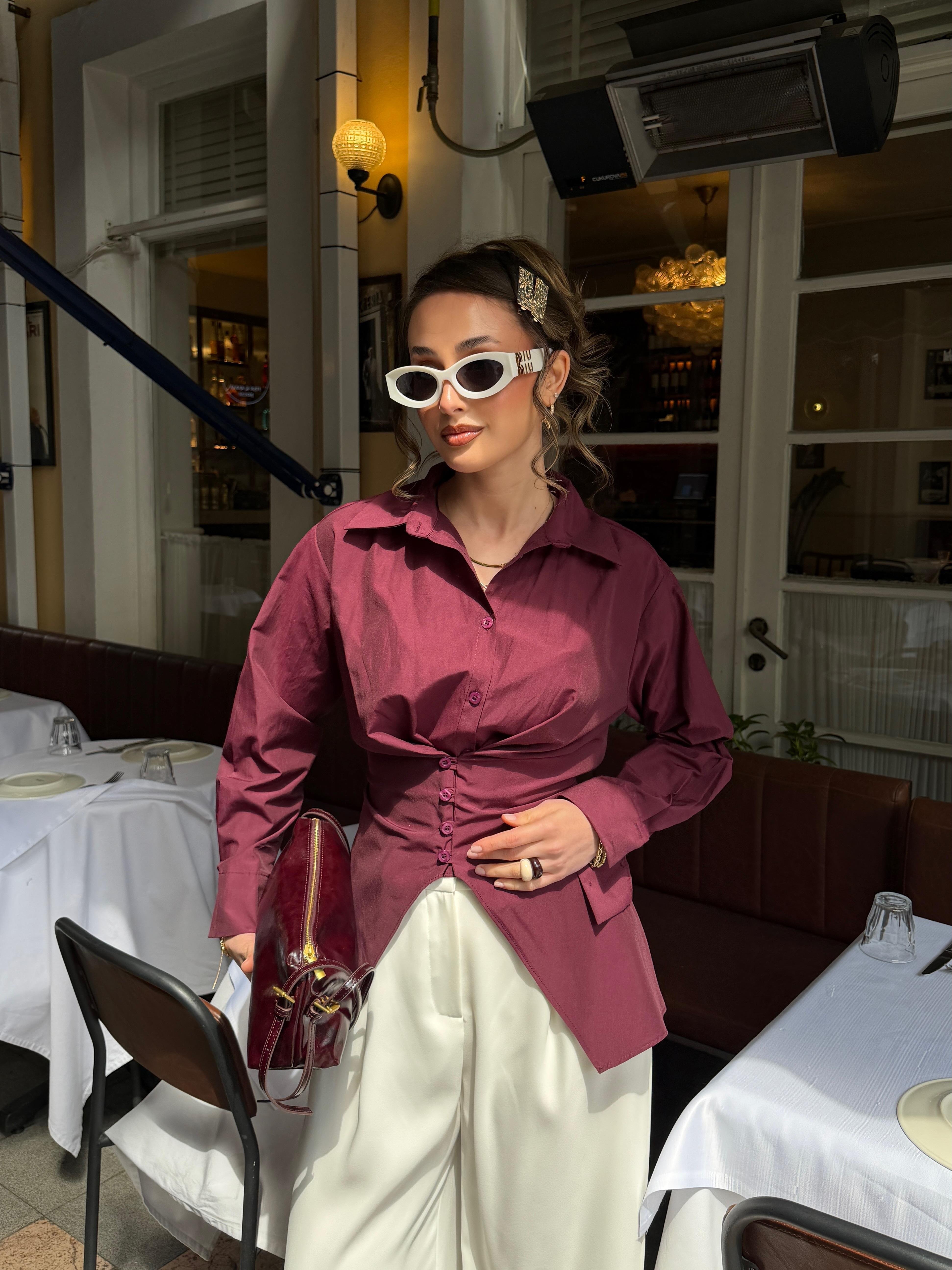 Mürdüm Poplin Bağlamalı İpli Gömlek
