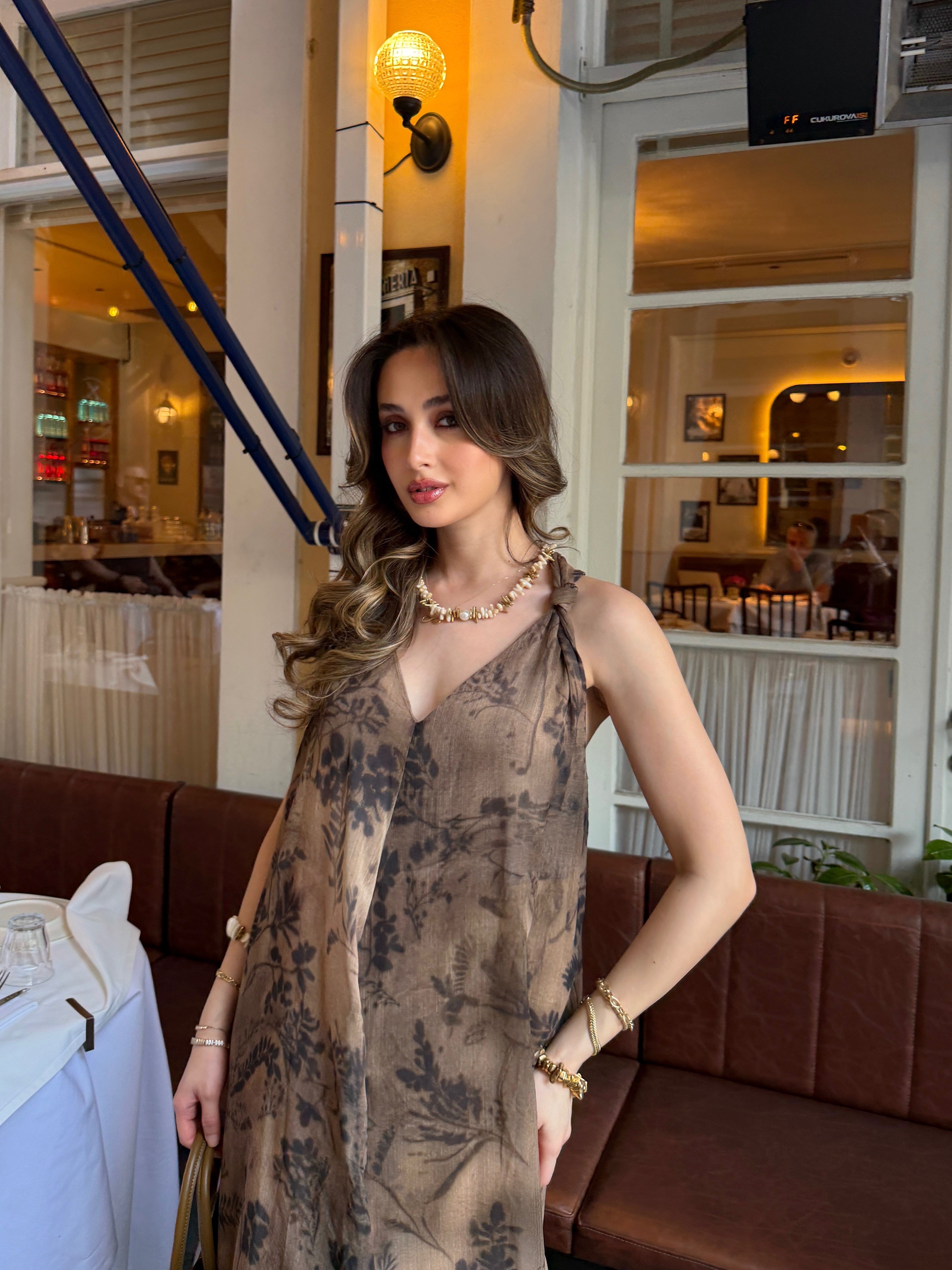 Omuzdan Düğmeli Elbise Camel 