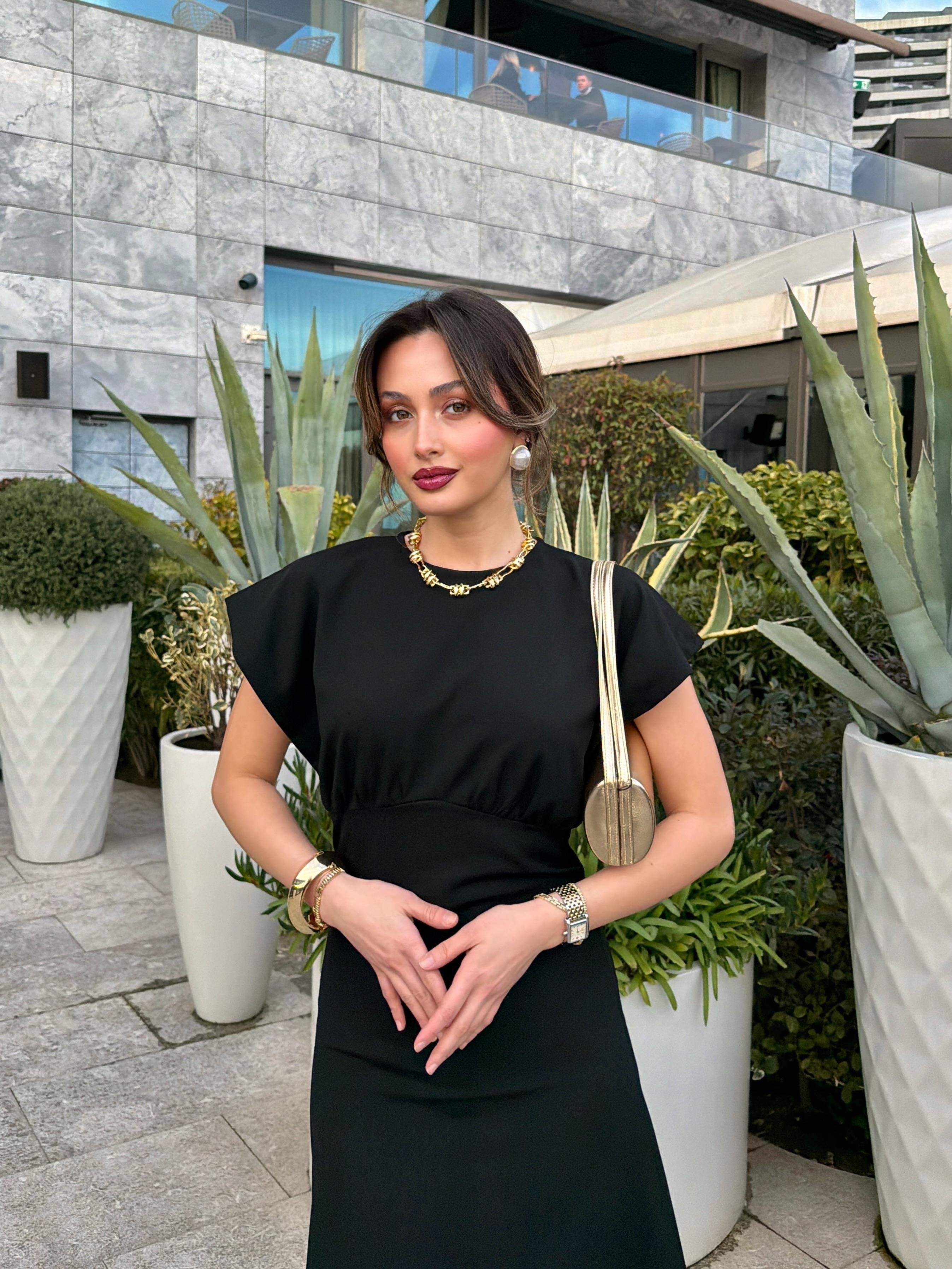 Önü Büzgülü Maxi Elbise Siyah 